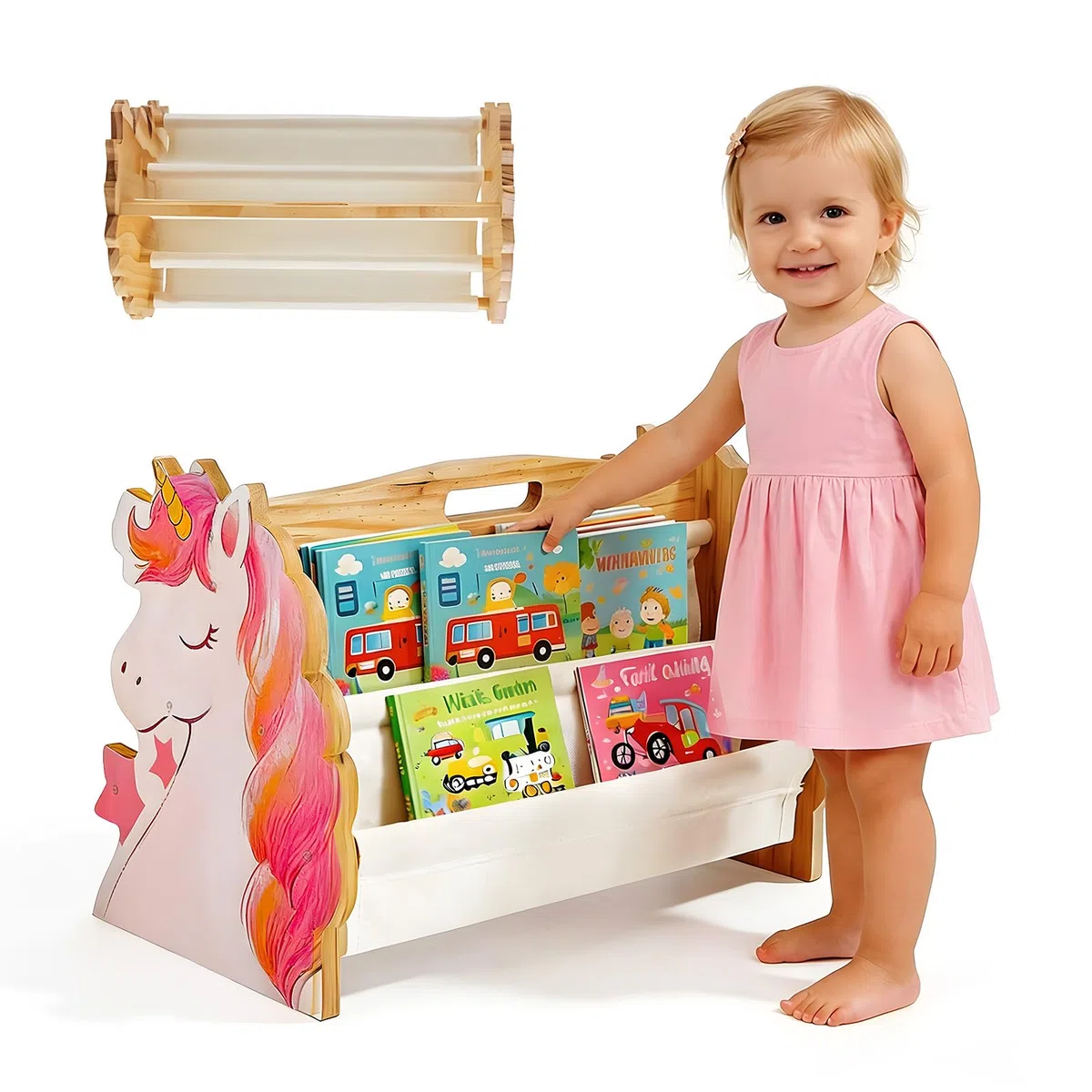 Libreria per bambini in legno a 2 ripiani, Libreria Montessoriana per Bambini, Scaffalatura Espositore da Cameretta, organizer per libri con maniglia, scaffale organizer per Cameretta e Stanza (02)