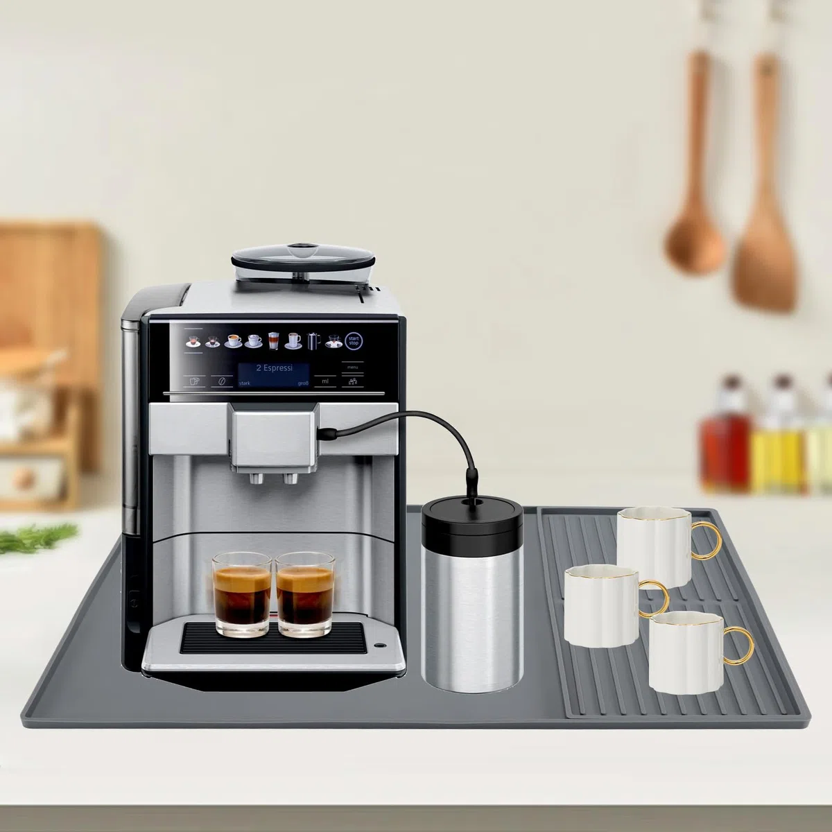 Tappetino in silicone per caffè con bordo rialzato, 61 x 40,5 cm tappetino per bar da caffè, adatto sotto la macchina da caffè, macchina per espresso, tappetino per asciugare piatti (grigio 40 x 19