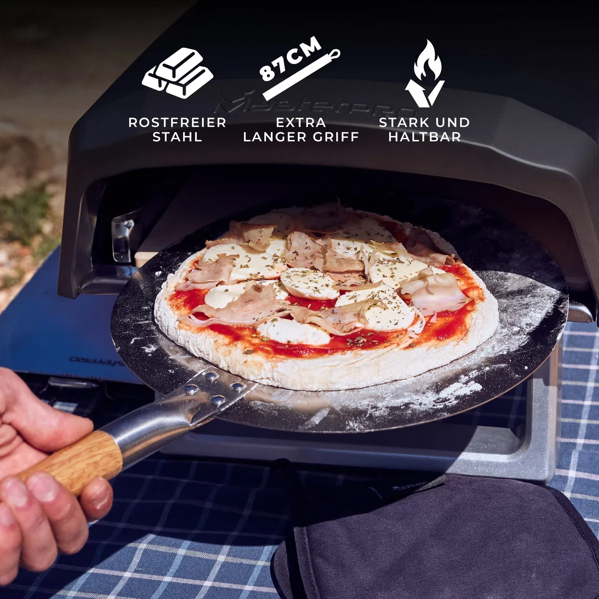 MasterPRO Foodies - Buccia per pizza da forno - In acciaio inox - Diametro 30,5 cm e lunghezza 87 cm - Manico lungo effetto legno - Testa rotonda - Testa rotonda