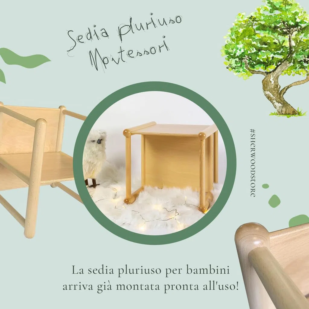 Sedia pluriuso Montessori in legno di faggio, per bambini da 1 a 3 anni - 3 in 1: sedia, tavolino o sgabello, made in Italy + Valigetta sensoriale in OMAGGIO!