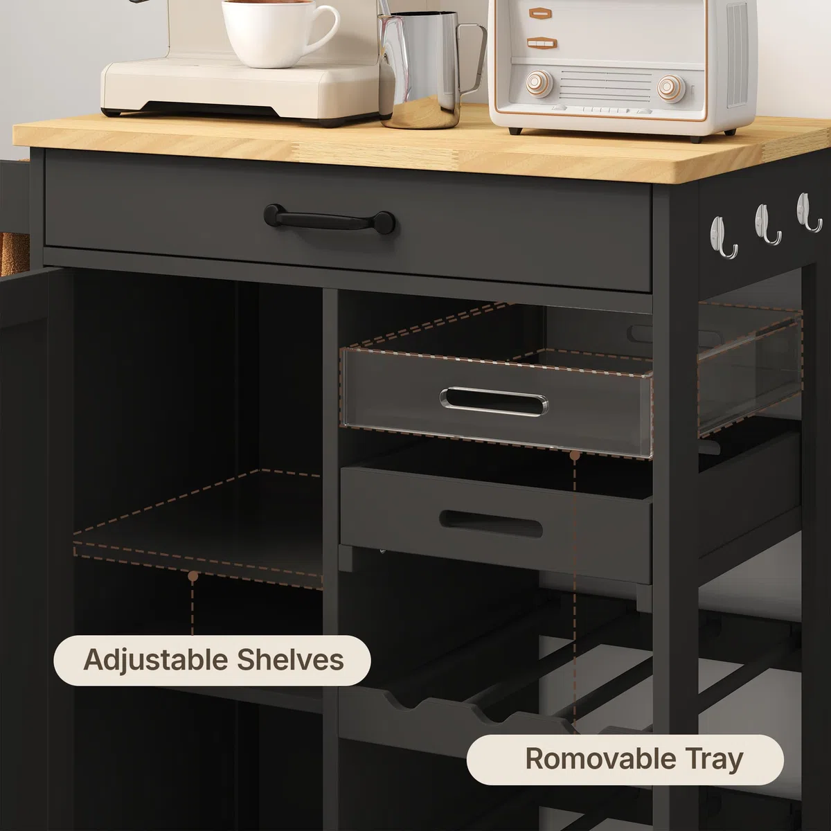 Xbro Mobile Bar con Ruote e Cassetto, Carrello Cucina Salvaspazio con Vassoio Rimovibile e Portabottiglie, Ideale per Watch Party, Aperitivi e Serate Calcio, 40x64x91 cm