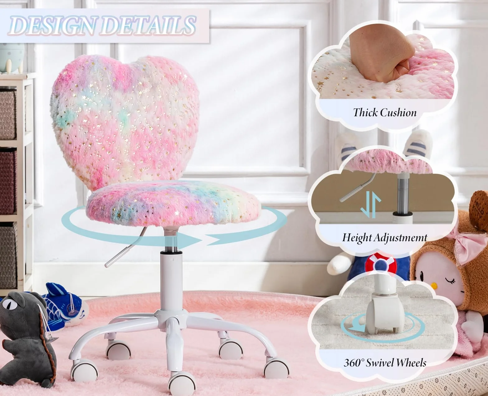Ya-Home Sedia da Scrivania per Bambini Sedia Studio Bambina Regolabile in Altezza Sedia Bambini Scrivania Poltroncina Girevole in Pelliccia per Cameretta, Rosa
