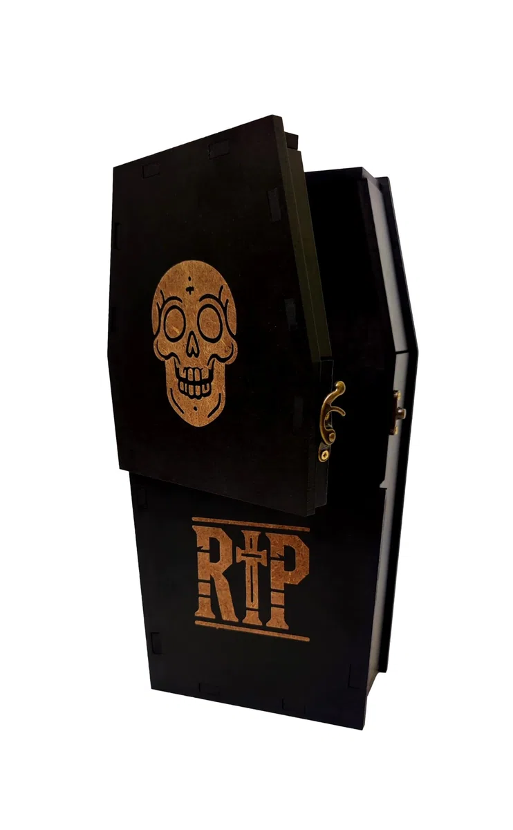 Wooden World - Scatola contenitore a forma di bara - con motivo di teschio e scritta RIP Decorazione di Halloween - nera