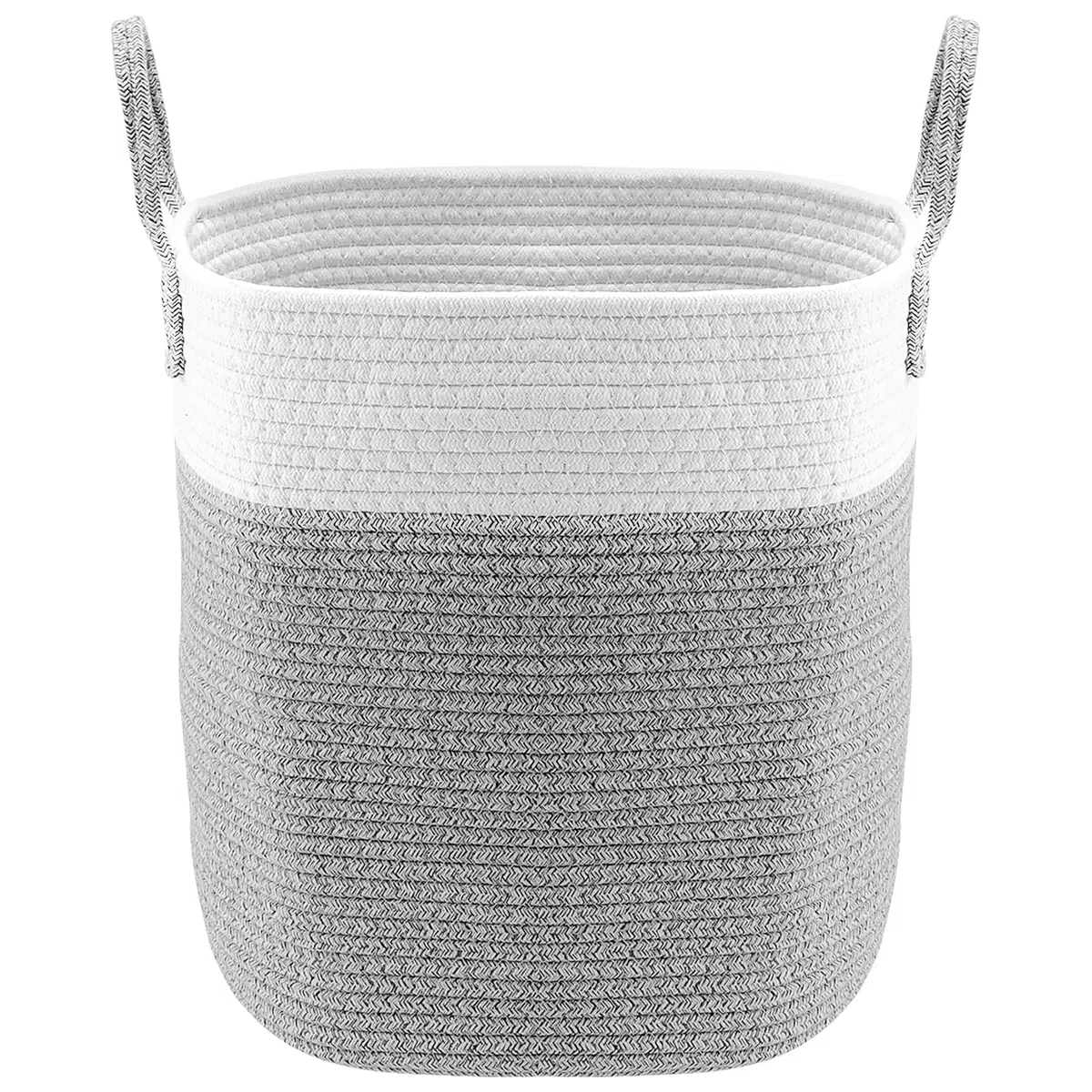 Cesto in cotone con manico, 33 x 33 x 43 cm, cesto portaoggetti rotondo in tessuto, cesto portabiancheria intrecciato con patchwork grigio in corda di cotone per asciugamani, pannolini,