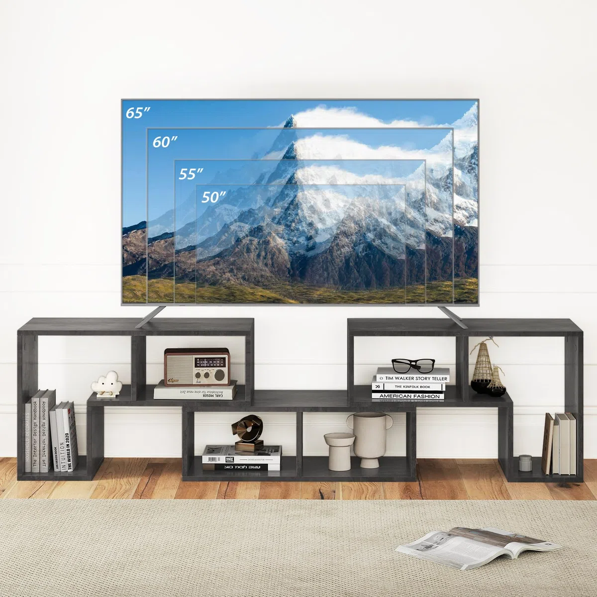 COSTWAY Mobile Porta TV Combinabile con Ripiani Aperti, per TV Fino a 65 Pollici, Mobile TV di Legno per Camera da Letto, Soggiorno, Capacità di Carico Massima 80 kg, 134-180 x 30 x 43 cm (Grigio)