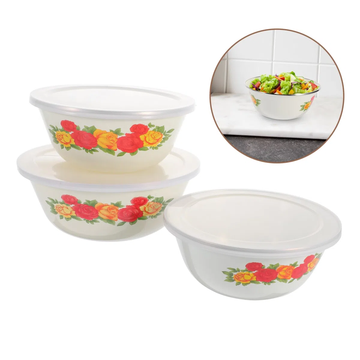 Sosoport Ciotole Smaltate Per Mescolare e Insalatiere 3 Pezzi 16-20 Cm Con Coperchio, Ciotole Profonde Per Noodles e Insalate, Resistenti e Facili Da Pulire Per Uso Quotidiano in Cucina