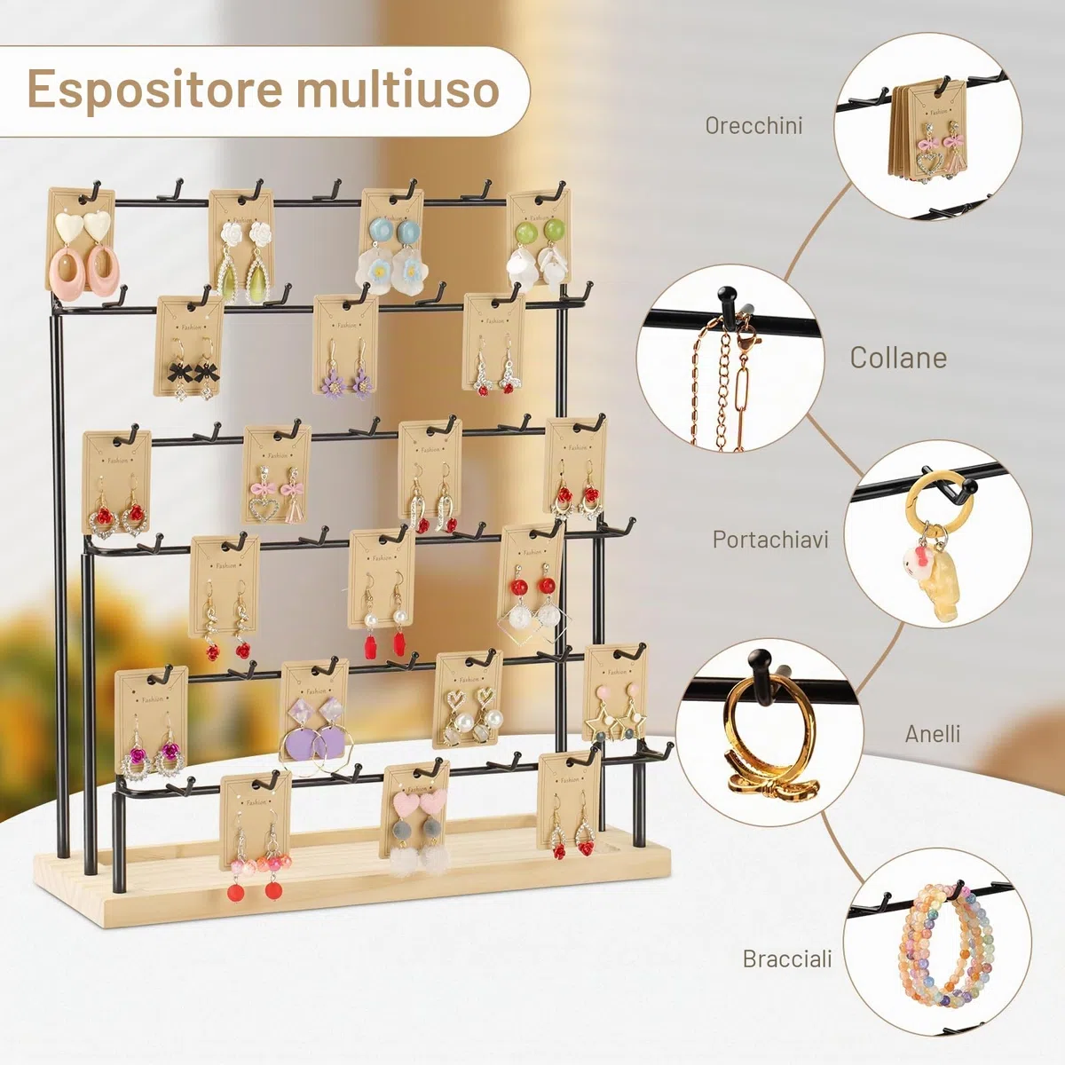 Espositore per Orecchini per Venditori 6 Livelli 42 Ganci in Legno Espositore per Orecchini Collane Anelli Bracciali Portachiavi (Nero)