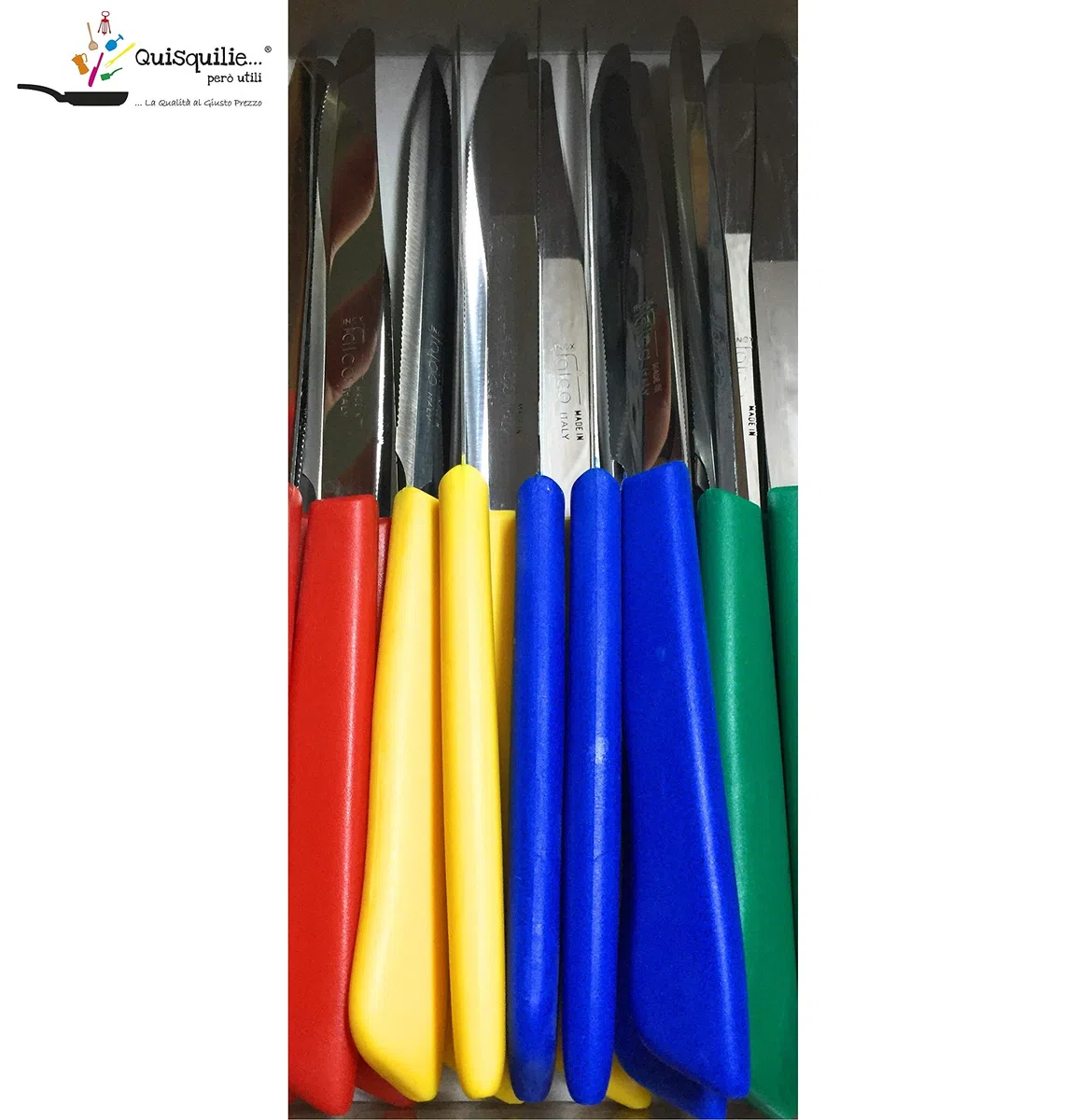 Kaimano Falco by Set di 16 coltelli Bistecca, Vecchia Produzione 100% Made in Italy, Lama seghettata, Punta Tonda,4 Colori