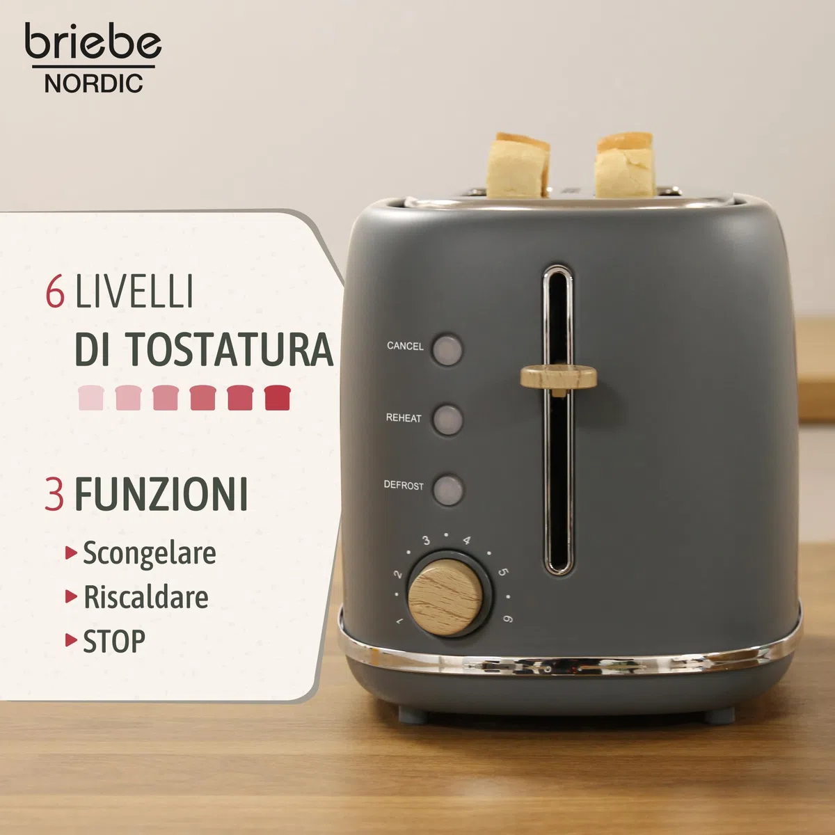 briebe Nordic Tostapane a Fessura Larga a 2 Fette, 6 Livelli di Tostatura, Pinze + Bollitore Elettrico 1,7L Cordless, Ebollizione Rapida 2200 W, senza BPA, Set Colazione Design Nordique, Grigio
