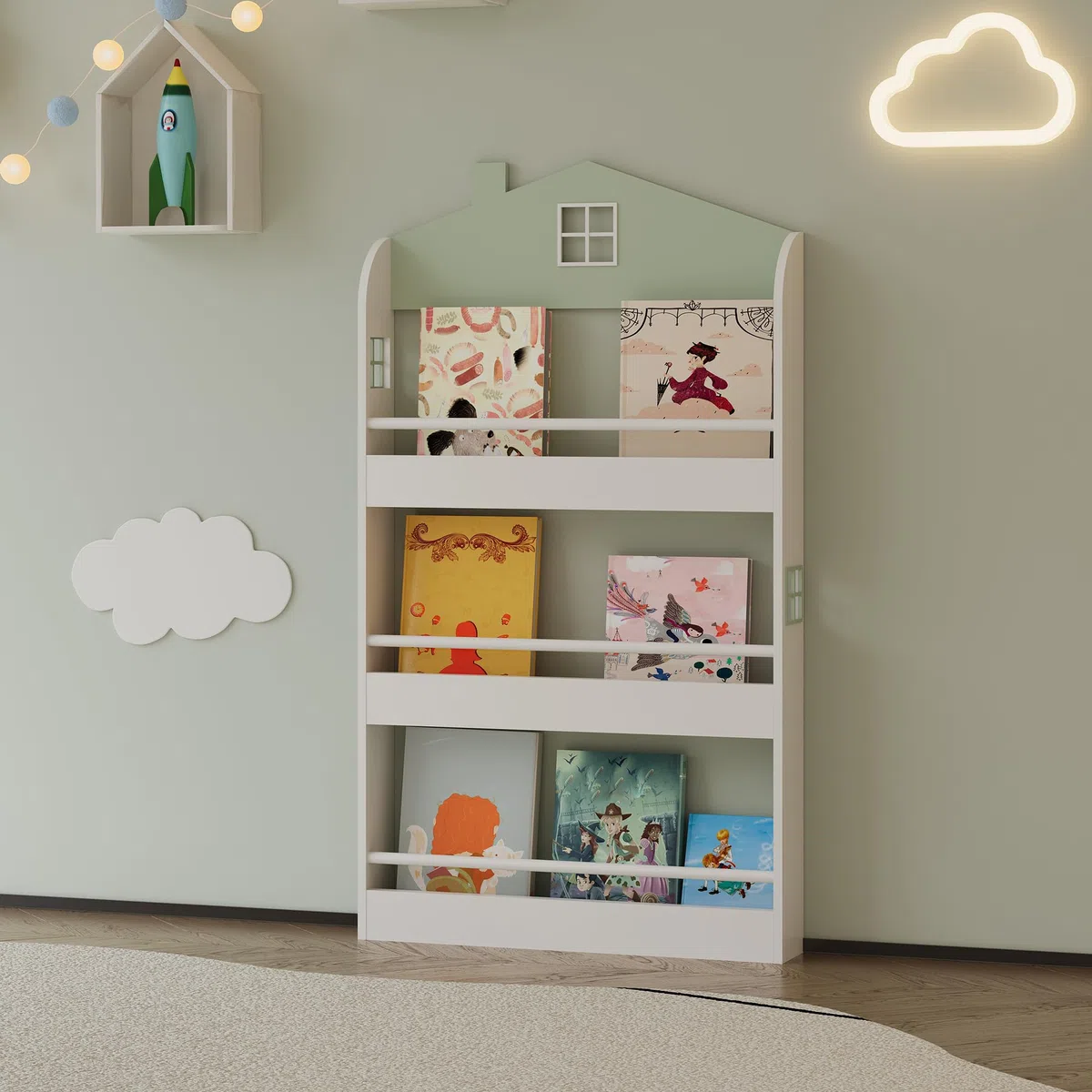 [en.casa] Libreria Frontale per Bambini Scaffale per Cameretta Design a Casetta con Barre Anticaduta Montaggio a Parete o a Terra 106x60x12 cm Menta Verde/Bianco