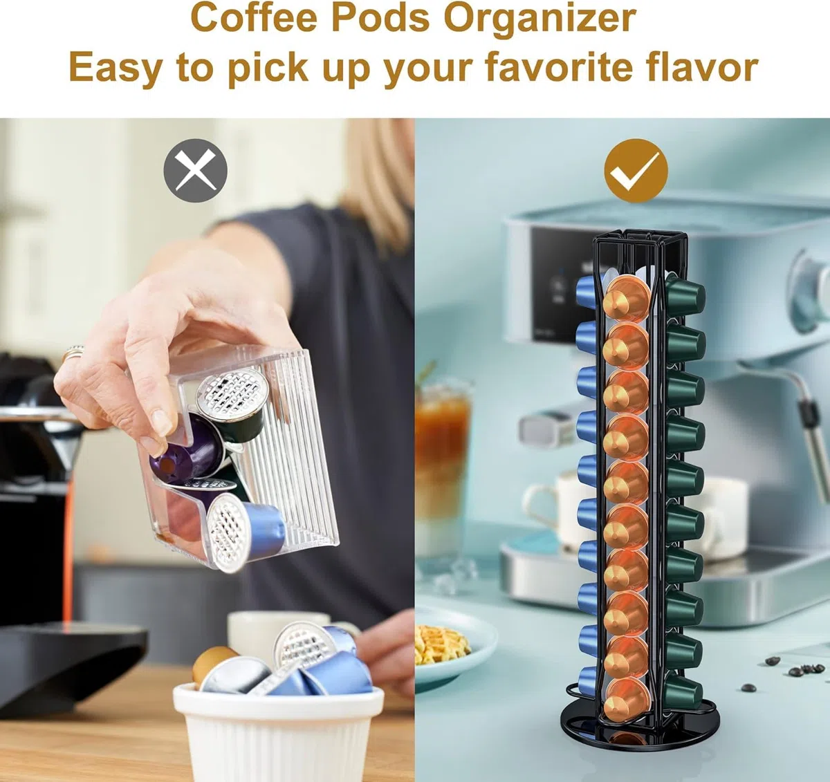 Porta Capsule Caffe per Nespresso, Porta Cialde Per Nespresso 40 Pezzi Caffè Capsule, Portacapsule Girevoli a 360 Gradi Acciaio Inossidabile, Ufficio, Cucina 11.5x11.5x39cm Nero