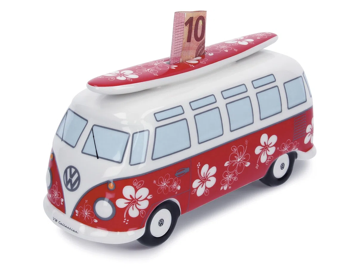 BRISA VW Collection - Volkswagen Salvadanaio in ceramica con tavola da surf, per risparmiare monete e banconote, VW Bus T1 design (Flower Power/Rosso)
