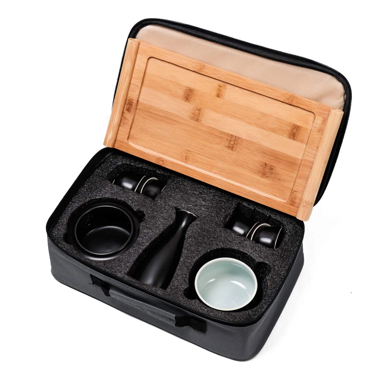 LOUTYTUO Set di Sake in Ceramica + Vassoio in bambù con pentola più Calda, Bevanda saki Calda in Ceramica sicura per Stufa, Confezione Regalo da 10 Pezzi