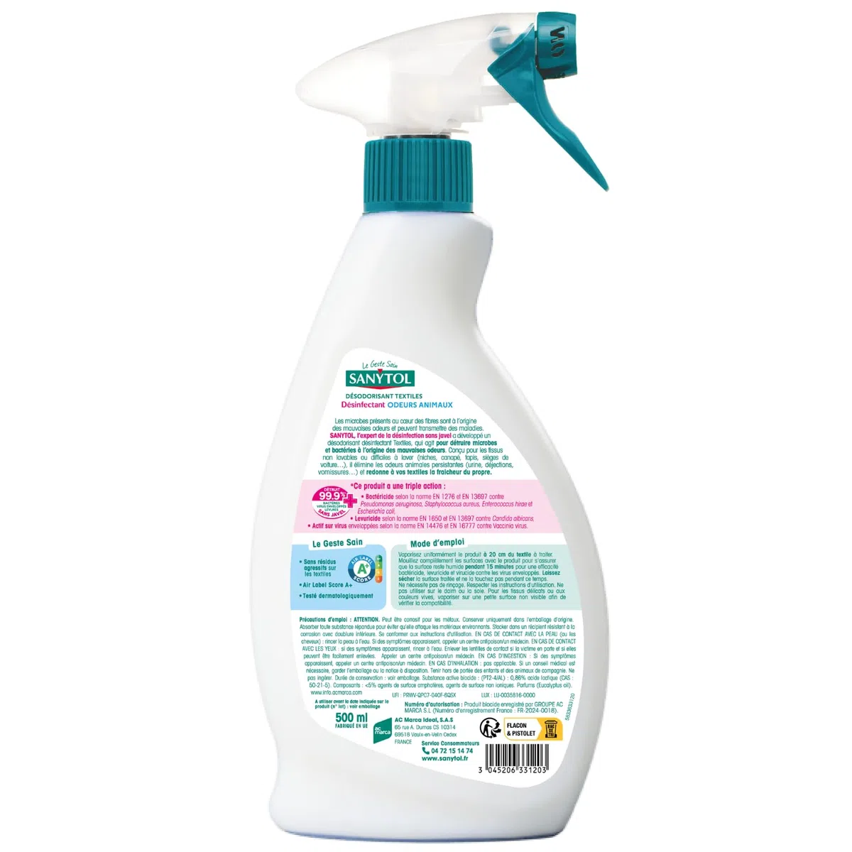 Sanytol - Deodorante Tessile Disinfettante - 500 ml - Set di 2 - Tutti i tipi di tessuti - Battericida, Virucide - Senza Residui Aggressivi - Non macchia