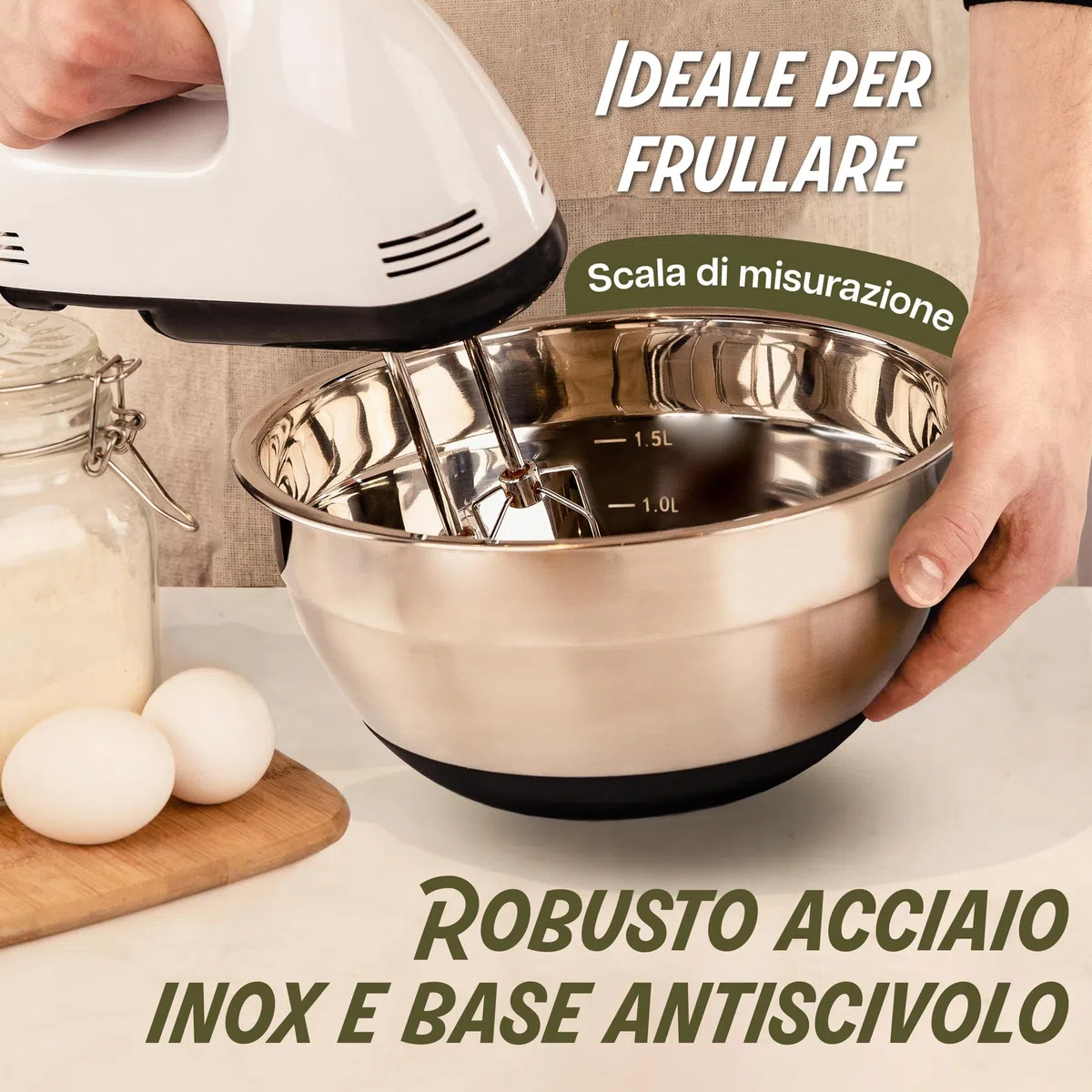 Praknu 3 Ciotole in Acciaio Inox da Cucina con Coperchio - Antiscivolo - Ermetiche - Graduate - Impilabili - Ideali per Impastare e Frullare