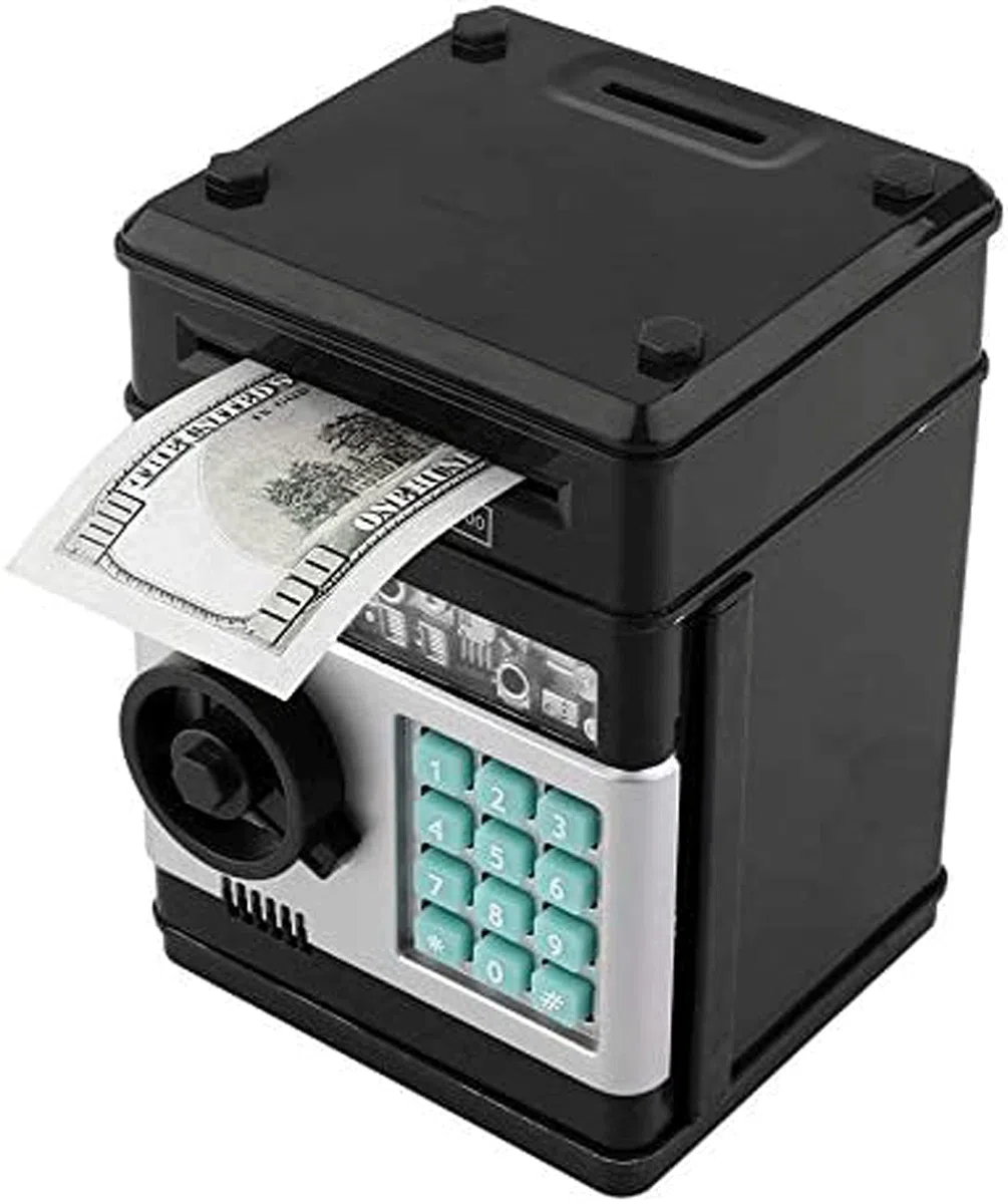 Salvadanaio elettronico per banconote e monete, con inserto automatico, per banconote, cassetta di sicurezza, password, bancomat, regalo di compleanno per bambini,cartone animato (nero)
