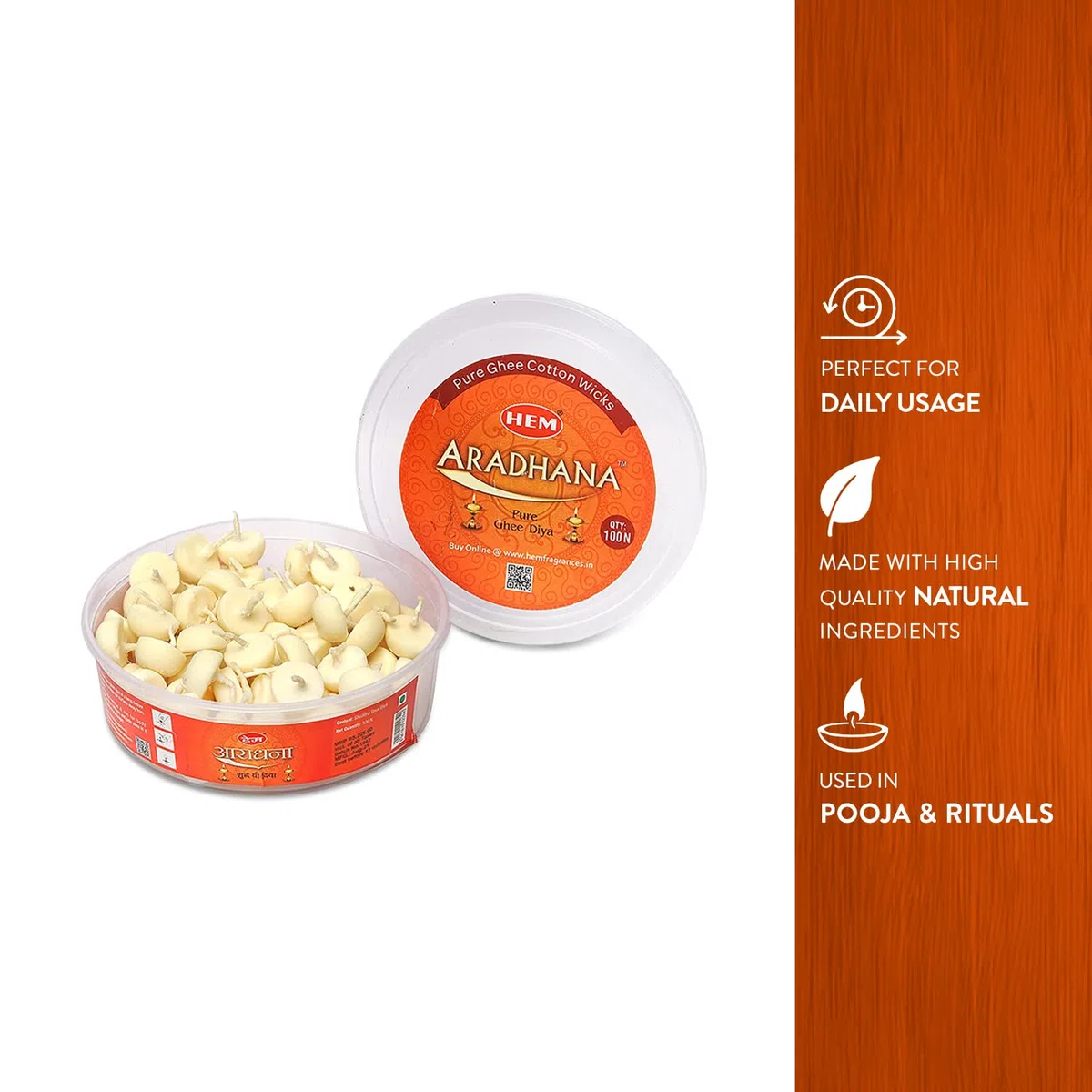 HEM Aradhna Pure Ghee Diya con Batti Confezione da 100 Diyas | Articoli per la casa Pooja | Senza cera | Stoppini per ghee per preghiere, rituali e occasioni speciali | Tempo di combustione 30 minuti