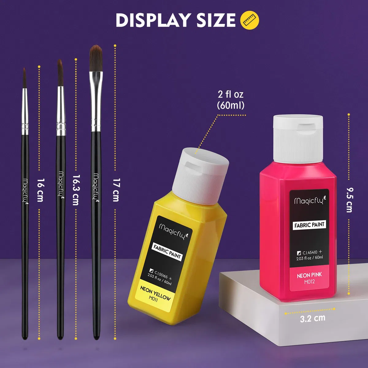 Magicfly Colori per Tessuti Permanenti, Set di 14 Colori Stoffa (60ML) Vernice Pittura per Tessuti Lavabili in Lavatrice e Asciugatrice, Abiti, Magliette, Jeans, Borse, Tela, con 3 Pennelli