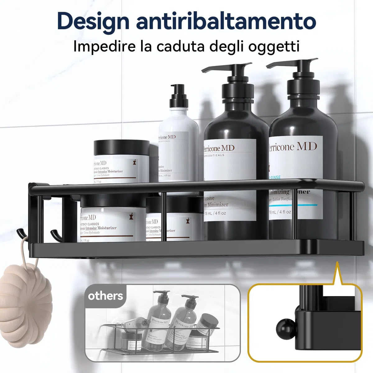 YASONIC 3 Pezzi Mensola doccia senza foratura, portaoggetti doccia con 4 ganci removibili, Organizer bagno con Portasapone doccia, Autoadesivo Mensole Bagno Organizzatore, Nero