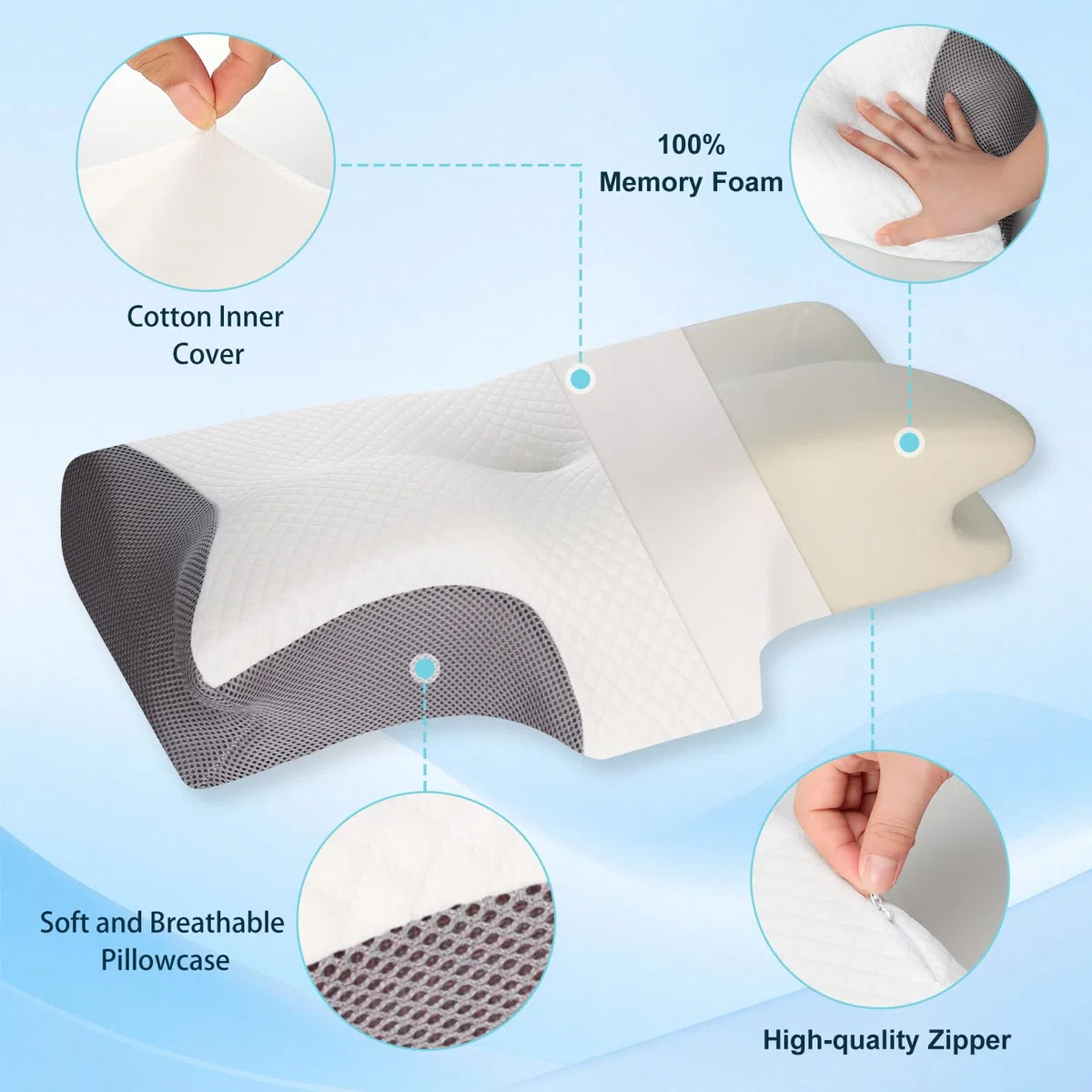 Cozary Cuscino Memory Foam Cervicale Per Dormire Cuscino Ortopedico Regolabile in due altezze Federa Sfoderabile e Lavabile Grigio Adatto a tutti i tipi di sonno 62X37X8/12cm