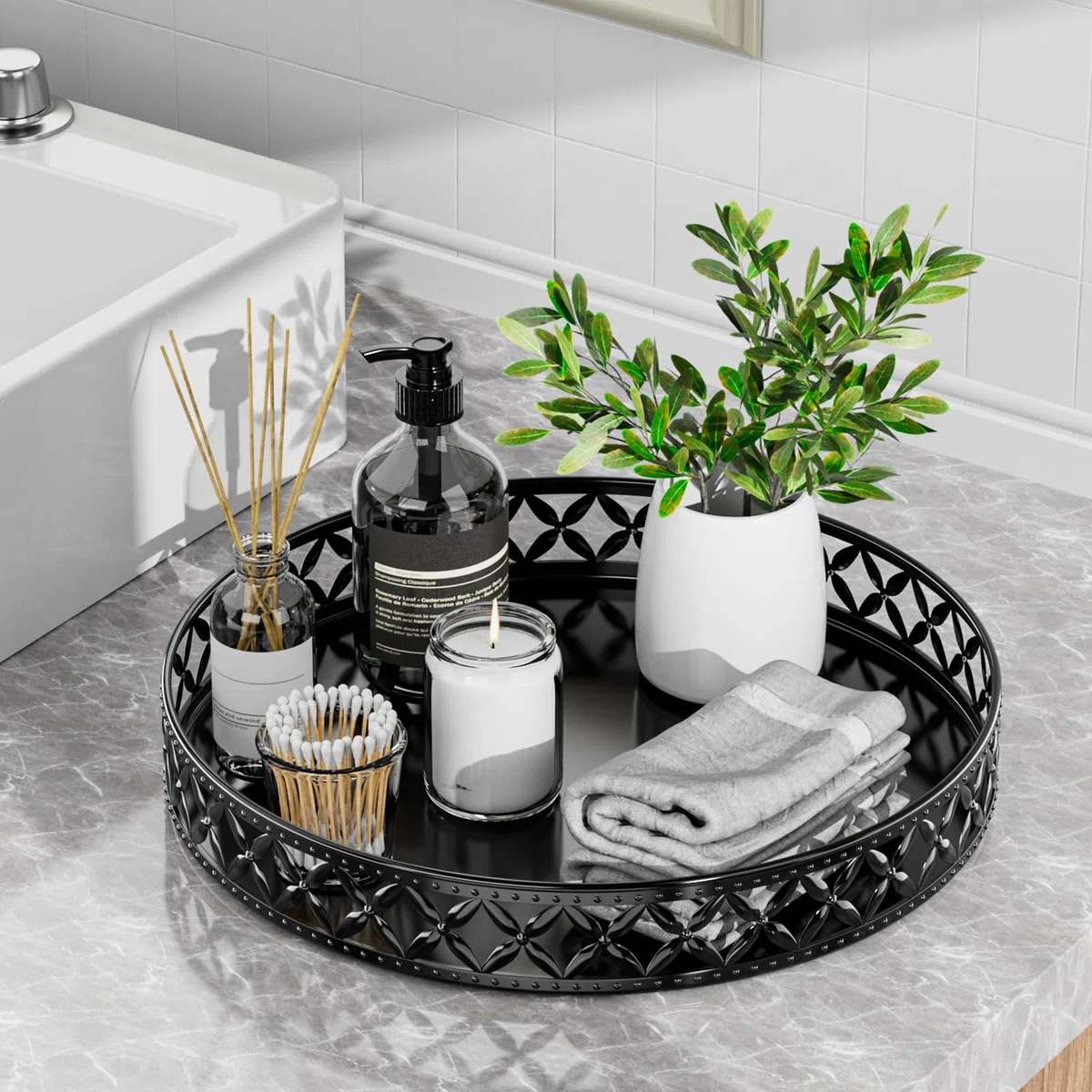 EKNITEY Bandeja para balcão de banheiro – Bandeja decorativa preta de 28 cm, bandeja organizadora para perfumes, cosméticos, joias, maquiagem