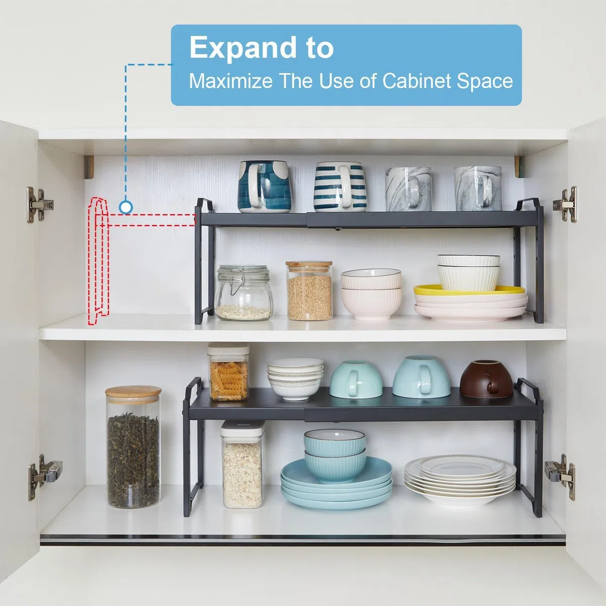 Ripiano Salvaspazio Cucina Espandibile, Organizer Cucina con Altezza Regolabile, Portaspezie Salvaspazio Metallo, Mensole con Design Versatile per Bagno e Soggiorno Scrivania (Nero)