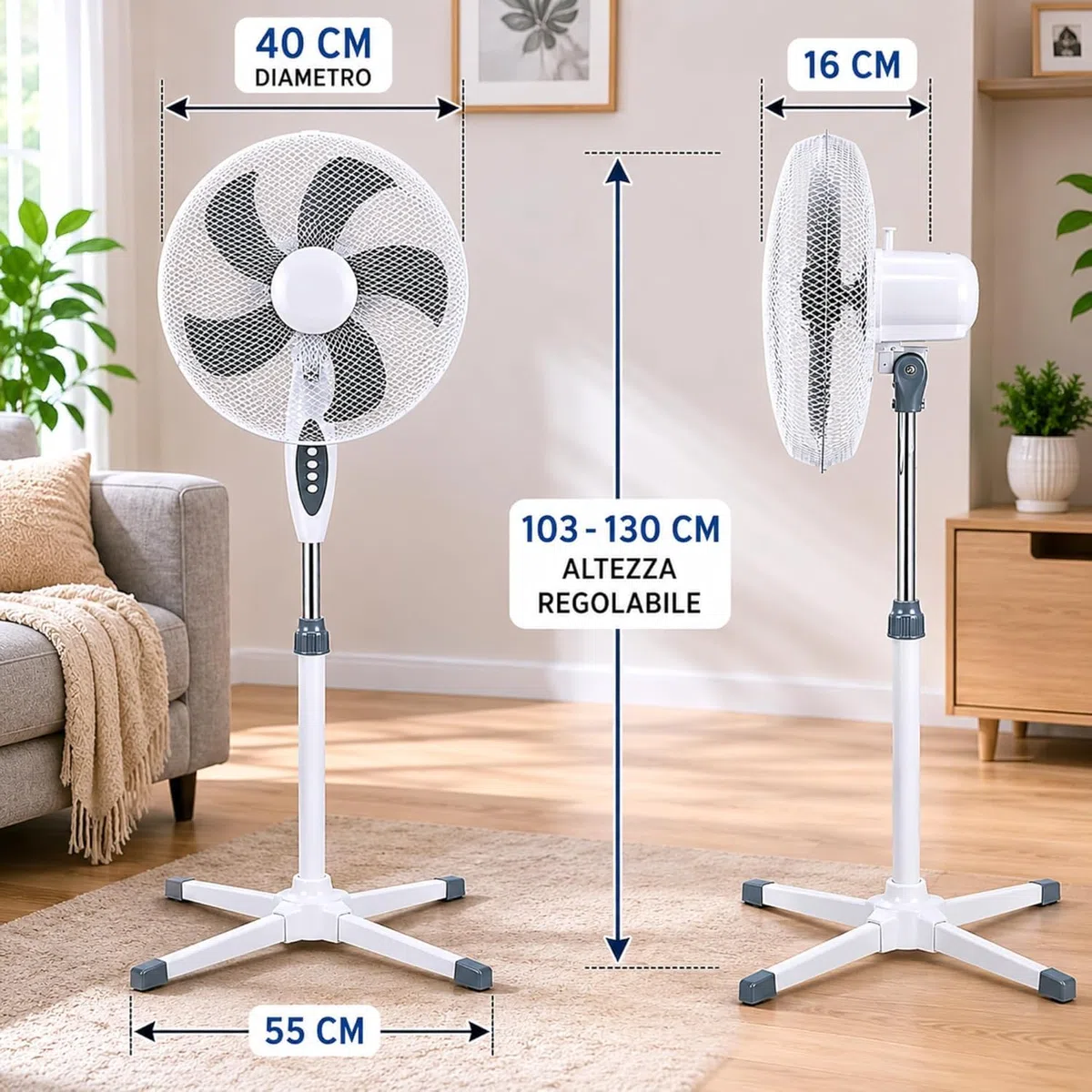 Ventilatore a Piantana Ø 40 cm BIANCO - FACILE MONTAGGIO - 50 W - 3 Velocità - STABILE e SILENZIOSO - Oscillazione Orizzontale - Altezza Regolabile 103-130 cm - Testa Inclinabile - Base a Croce