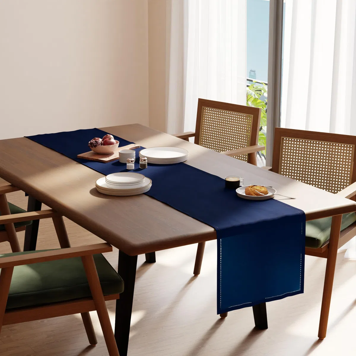 Encasa XO Runner da Tavolo | Puro Cotone con Design Orlato | Dimensioni 40x183 cm | Scotch Blue - Lavabile in Lavatrice