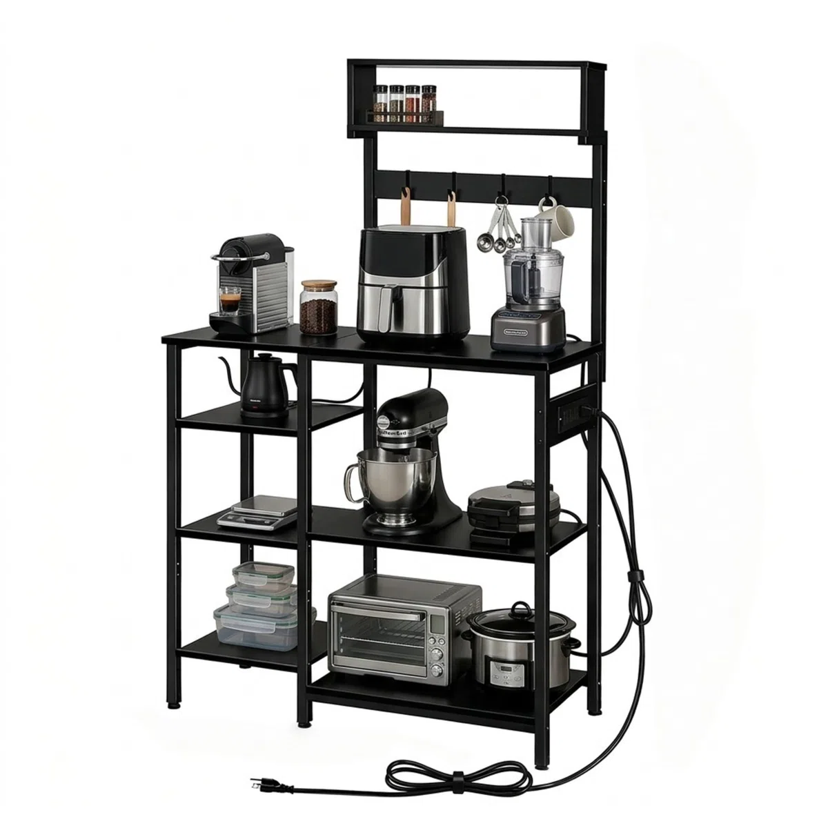 Relaxdays Mobile Cucina Effetto Legno con Presa USB, 151x82x40 cm, per microonde, Nero
