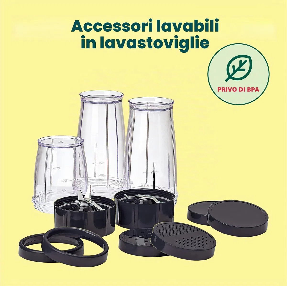 bella Mini Frullatore Elettrico Portatile Rocket in Acciaio Inossidabile, Set da 12 Pezzi, Mixer e Tritatutto per Smoothies, Frullati e Salse, 240 Watt, Nero