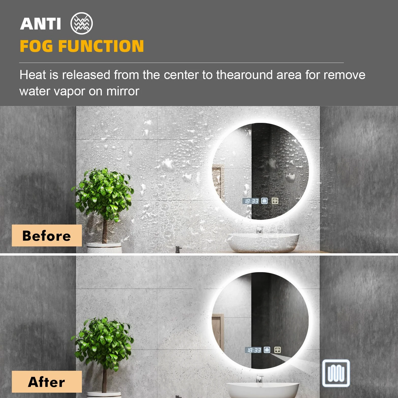 Sararoom 60 cm Specchio Bagno con Luce, Specchi da parete per bagno rotondo con orologio, Anti-Fog, Dimmerabile, 3 Colori Luci, Memoria, IP44 Specchio con luci retroilluminate, HD Vetro Temperato