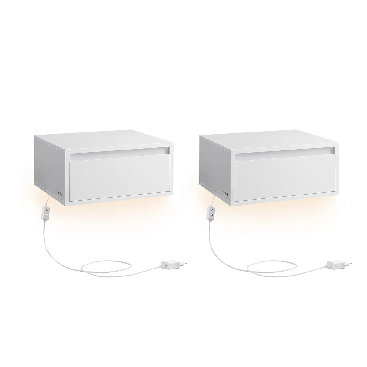VASAGLE KAILYN Collezione - Comodino Pensile, Set di 2 Comodini Sospesi, Luce Regolabile, Cassetto, Mensola da Parete, 35 x 40 x 18 cm, Moderno, Camera da Letto Soggiorno, Bianco Nuvola LET854W01