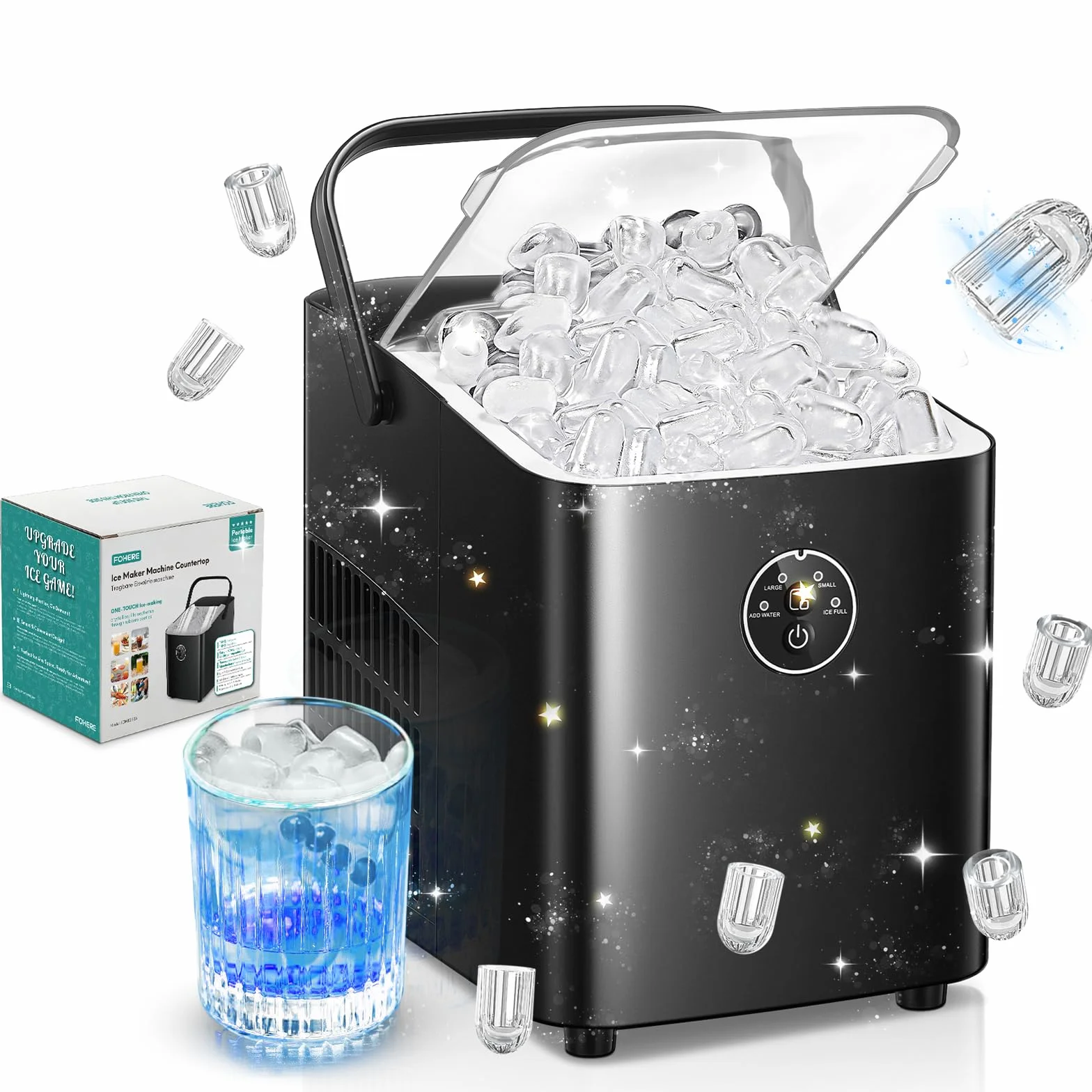 FOHERE Macchina Ghiaccio 14KG in 24h, Cubetti in 6-8 Min, Autopulente, 2 Dimensioni di Ghiaccio, Macchina per il Ghiaccio con Maniglia Portatile per Casa/Cucina/Ufficio/Bar (Nero Profondo)