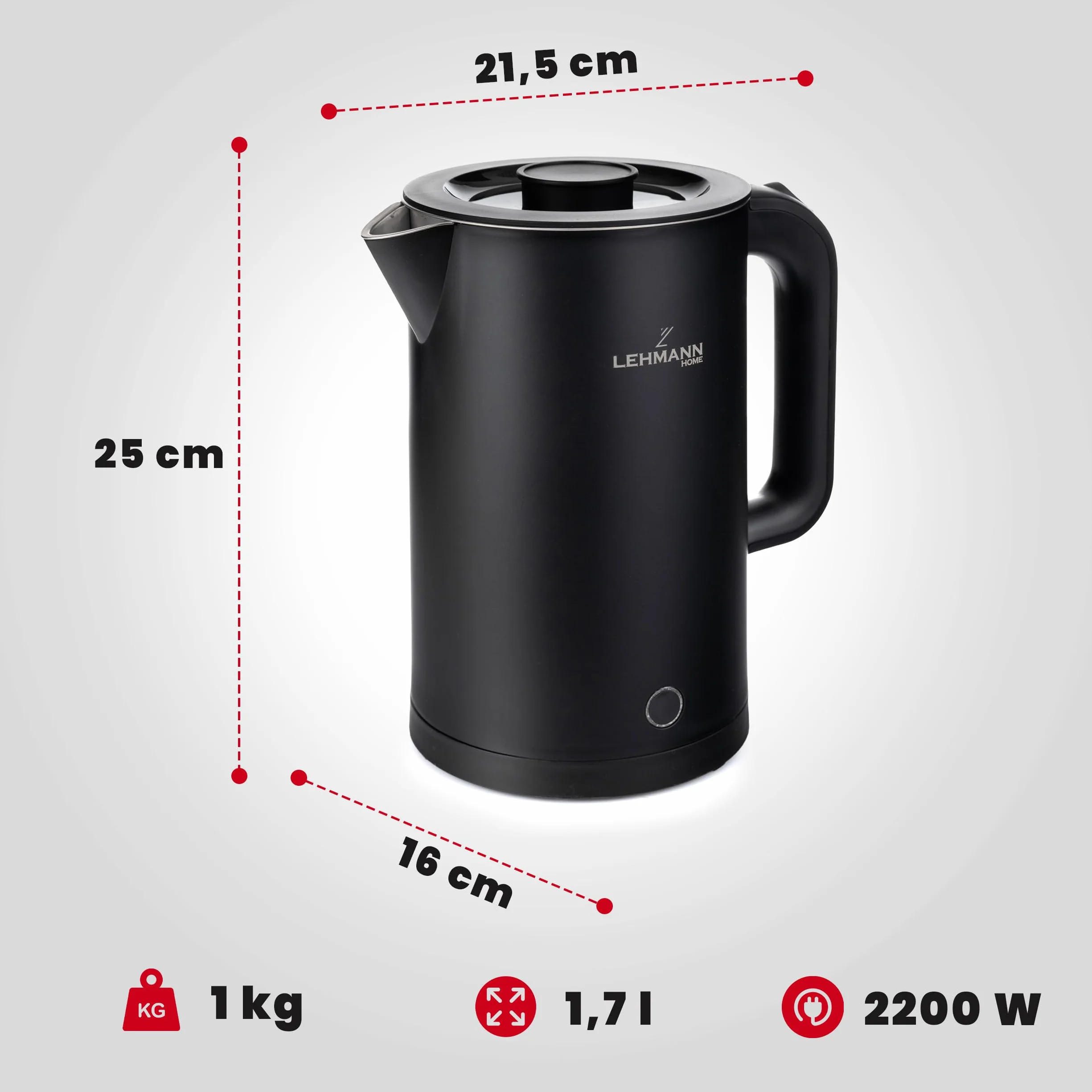 LEHMANN Bollitore Elettrico, 1,7L, 2200W, Riscaldamento Rapido, Design a Doppia Parete, Acciaio Inox, Base Girevole 360°, Spegnimento Automatico, BPA-free – per Tè, Caffè, Pappe, Nero