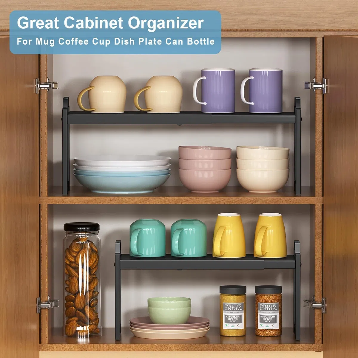 Ripiano Salvaspazio Cucina Espandibile, Organizer Cucina con Altezza Regolabile, Portaspezie Salvaspazio Metallo, Mensole con Design Versatile per Bagno e Soggiorno Scrivania (Nero)