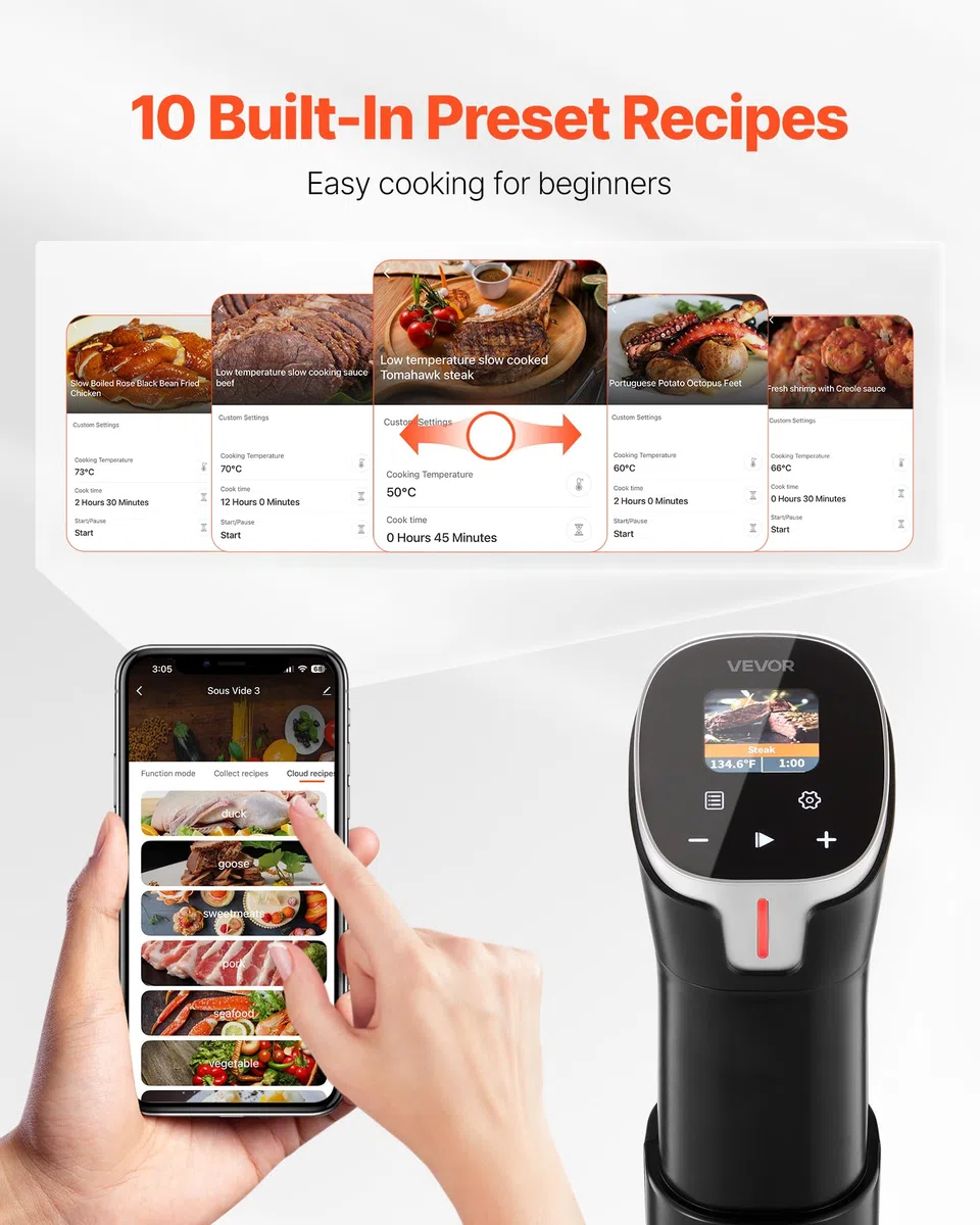 VEVOR Cuocitore Sous Vide, Macchina per Cottura a Bassa Temperatura da 1100 W, Termocircolatore a Immersione Wi-Fi con 10 Ricette Preimpostate, Touchscreen LCD, Controllo App, Roner Sous Vide