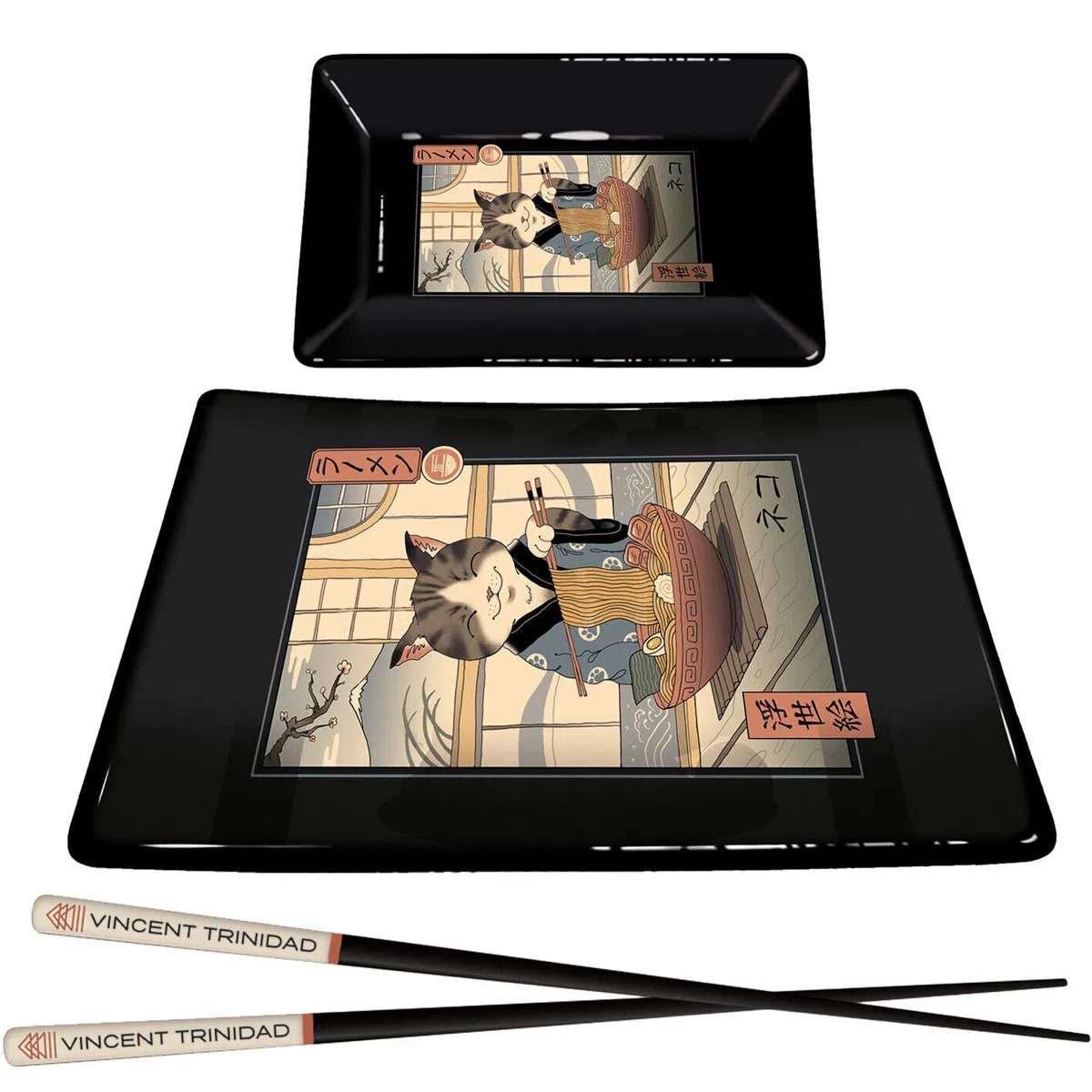 Pyramid International Vincent Trinidad GP85783 - Set per sushi con vassoio in ceramica, vassoio per salse e bacchette in legno laccato, motivo gatto Neko, prodotto ufficiale