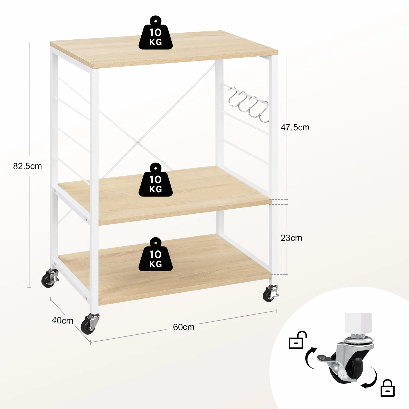 WOLTU Scaffale da Cucina con Ruote, Carrello Cucina a 3 Livelli, Scaffale per Microonde con 4 Ganci, Carrello da Bar con Struttura in Metallo, Bianco + Effetto Legno, 60x40x82,5 cm