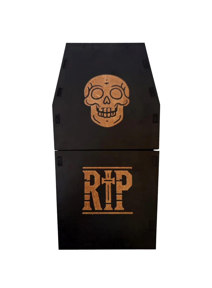Wooden World - Scatola contenitore a forma di bara - con motivo di teschio e scritta RIP Decorazione di Halloween - nera