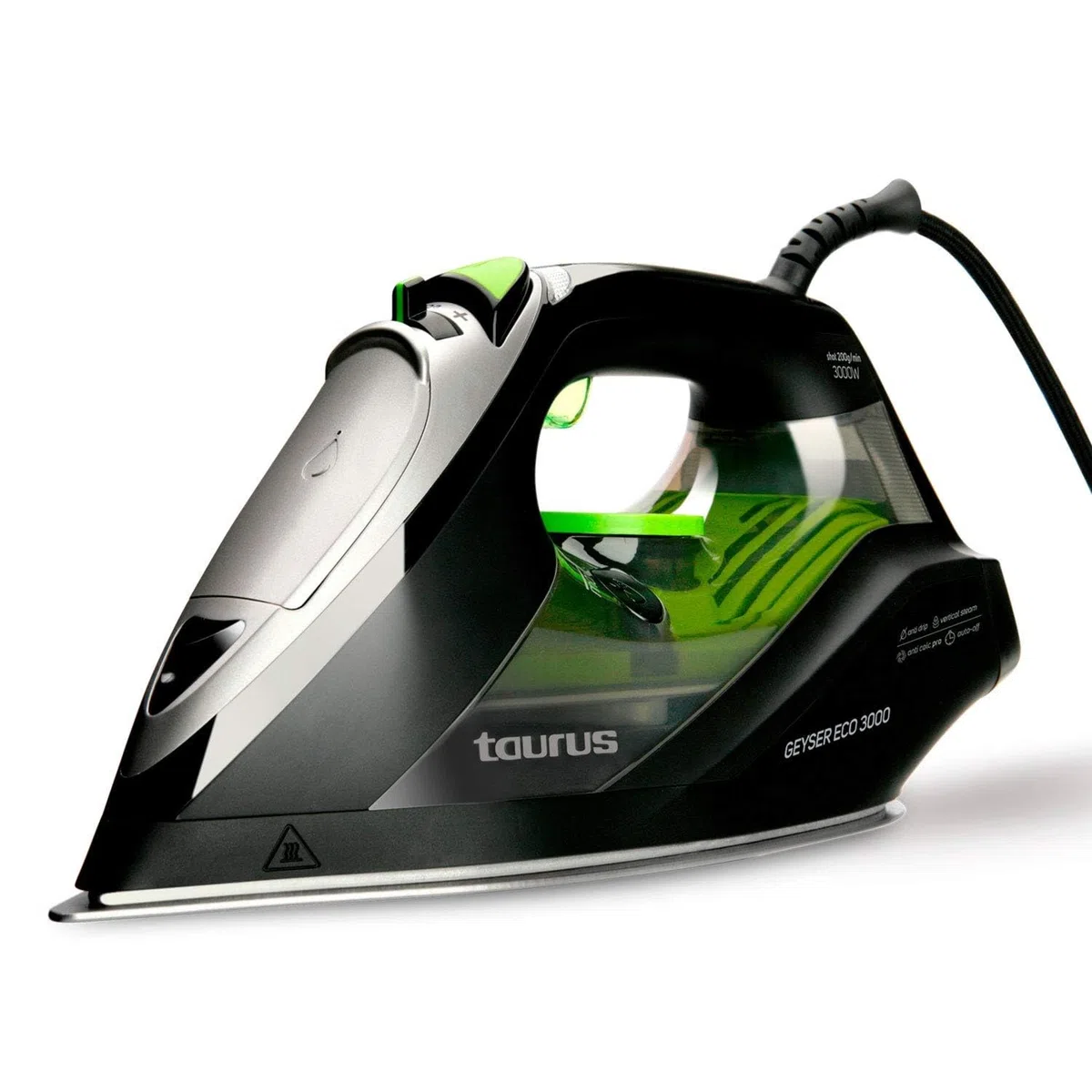 Taurus – Ferro da stiro a vapore Geyser Eco 3000,3000W,Colpo vapore 200 g/min,Punta di precisione,Regolazione vapore e temperatura,Piastra anodizzata ultra scorrevole,Nero