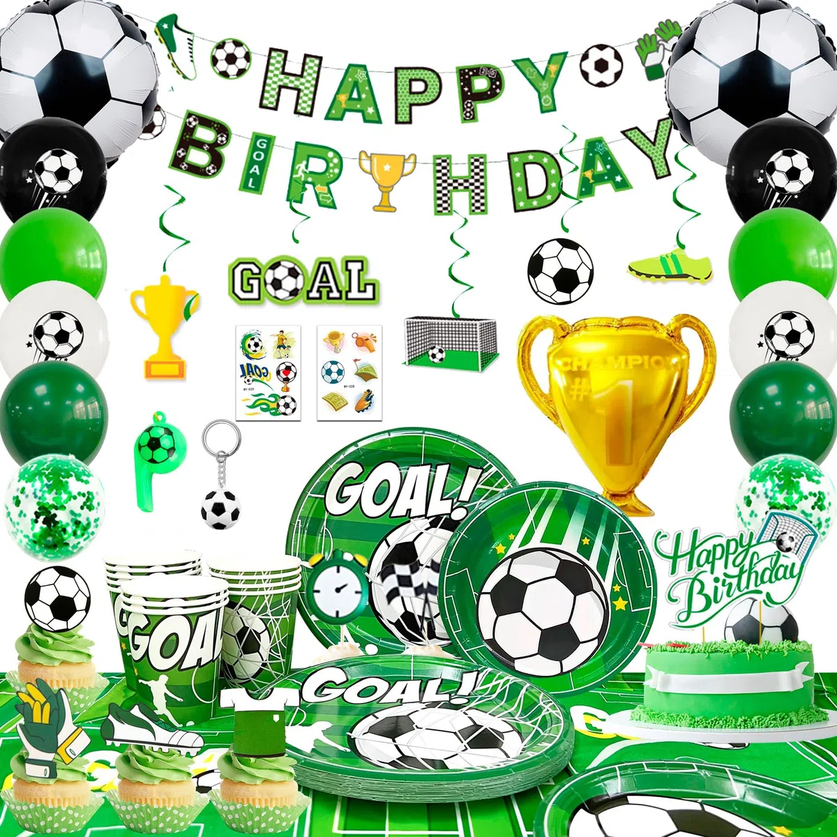 Forniture per Feste di Calcio,16 Ospiti Calcio Stoviglie per Feste di Compleanno Calcio Decorazioni Set-Tema Calcio per Piatti Tazze Striscioni etc Decorazioni Compleanno Tema Sportivo