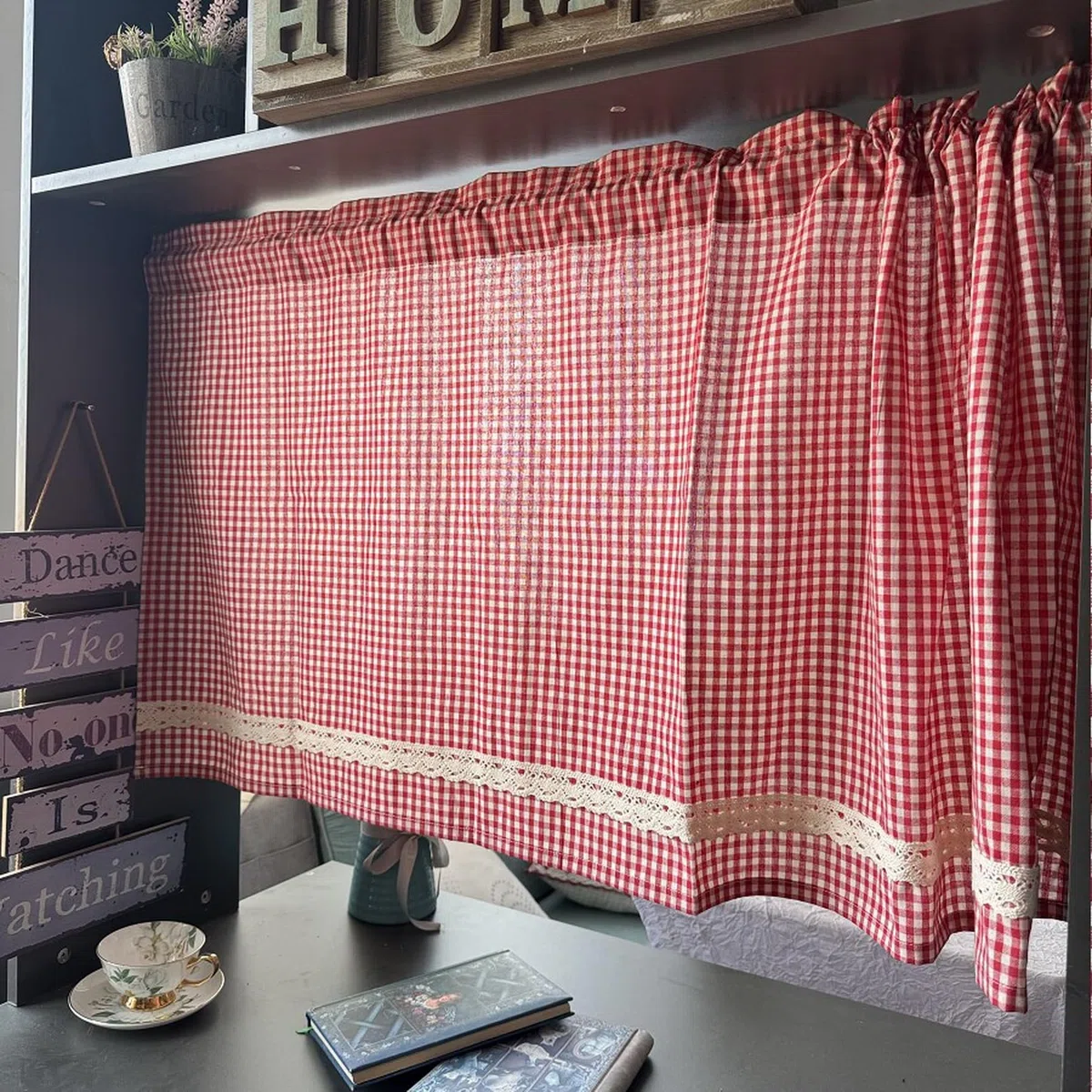 A.Monamour Tenda da cucina in cotone rosso e bianco a quadri in pizzo rurale a quadretti mezza corta tenda da cucina mantovana per piccole finestre bar bistrot