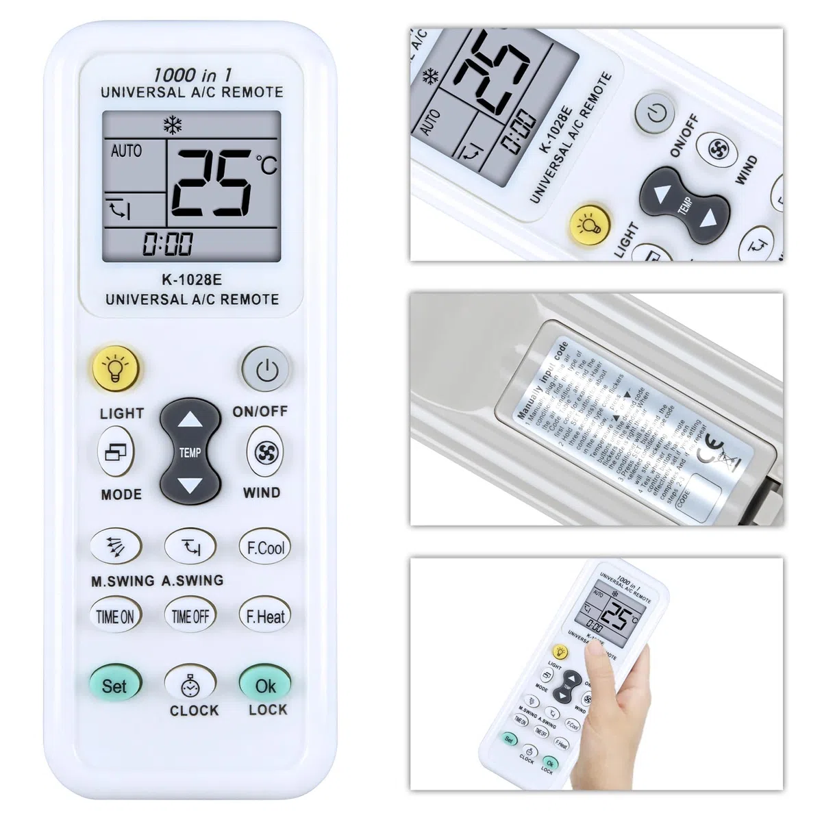 K-1028E - Telecomando di ricambio universale per condizionatori d'aria, adatto per quasi tutti i modelli di tutte le marche di controller climatizzatori, 1000 codici