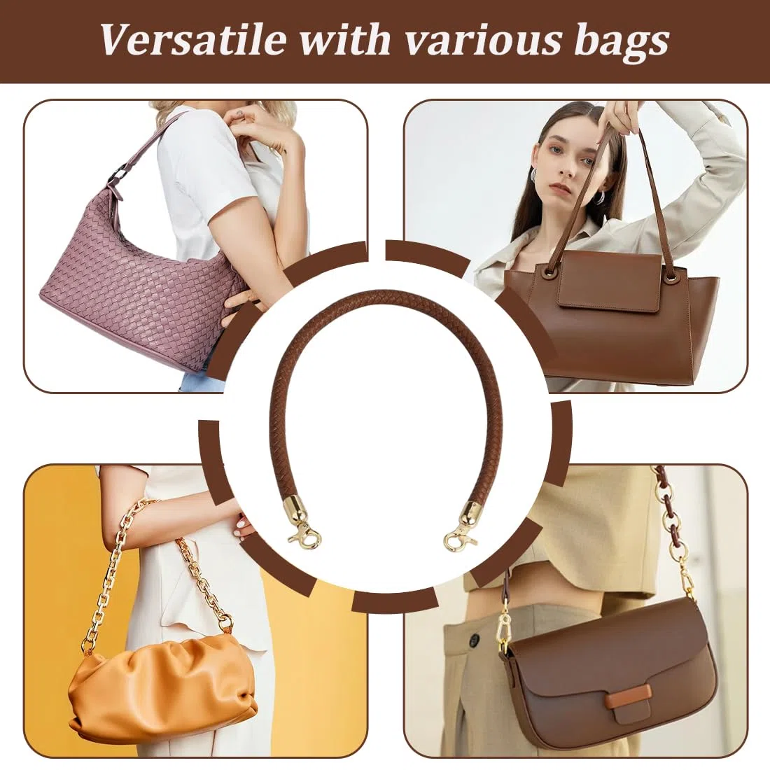 2 Pezzi Tracolla in Pelle per Borsa, Manico di Ricambio Corto Intrecciata PU con Fibbie Metallo per Borsetta Fai da Te Borse a Mano, 60cm, Cinturino Marrone