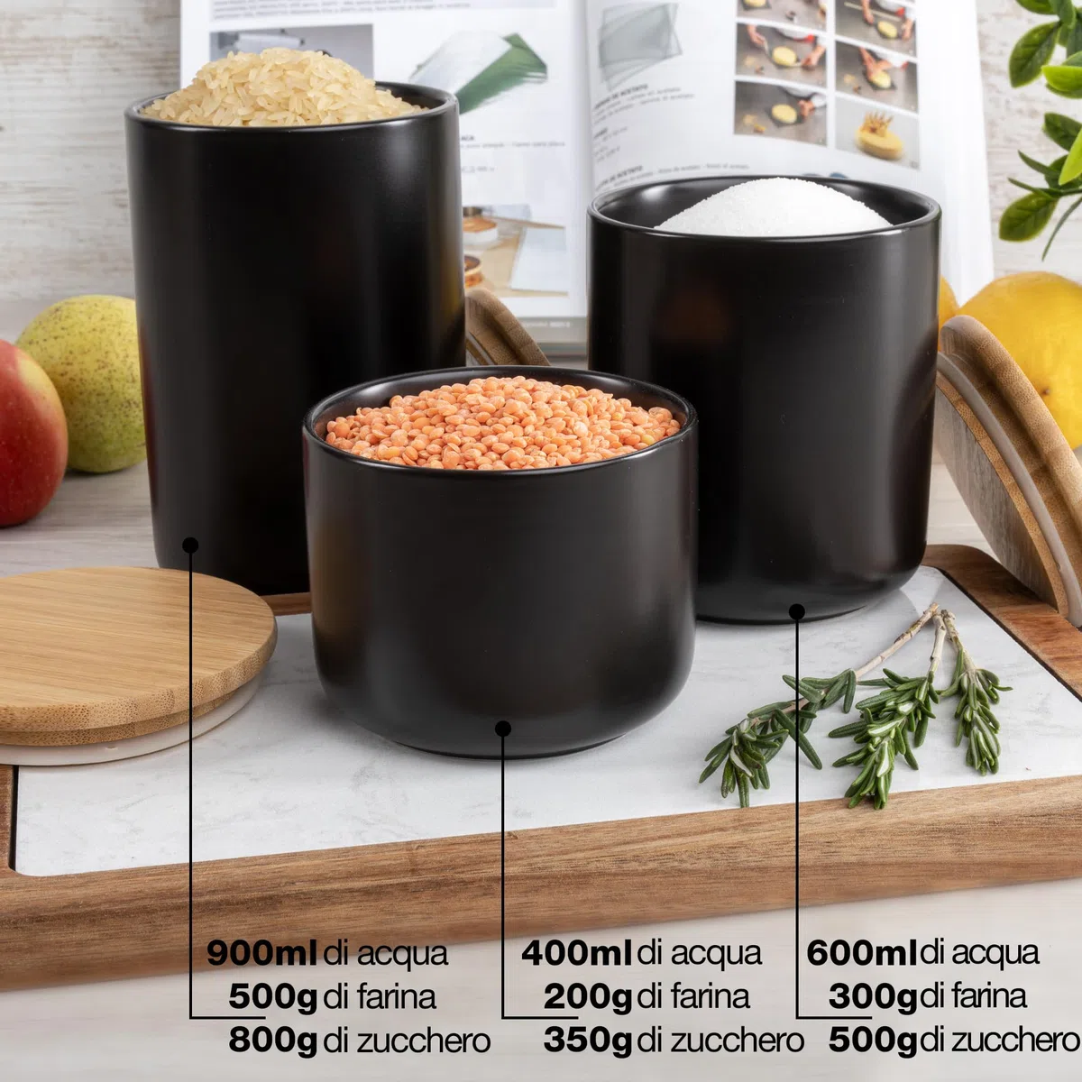 Moritz & Moritz barattoli cucina nero 400-900 ml - Scrivibile - 3x Barattolo ceramica con coperchio in bambù - Barattolo con coperchio per farina, caffè, muesli o utensili da bagno