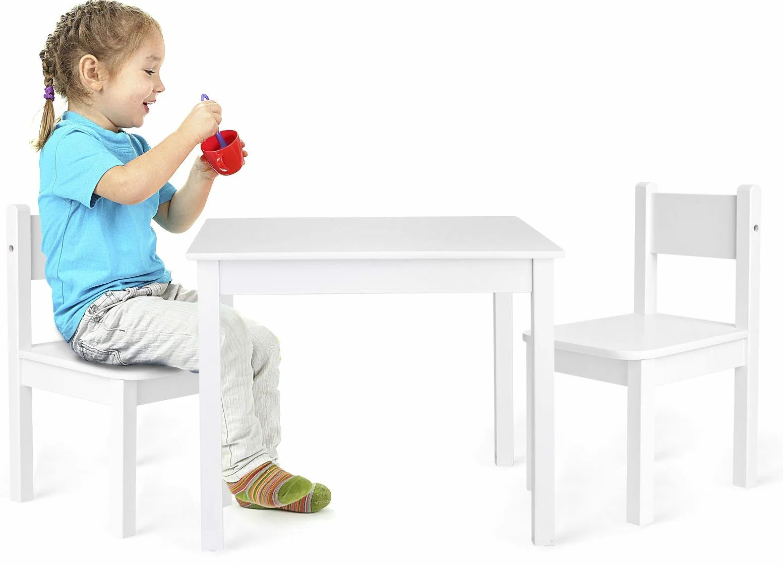 leomark tavolo e 2 sedie in legno per bambini 60x60x49 cm, stabile set per camera dei bambini, sala comune, scuola materna, asilo nido, mobili per bambini, Yeti colore BIANCO