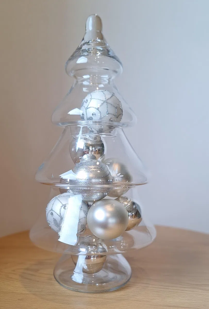 Albero di Natale in vetro decorato AzaliaDesign H-40 cm da riempire e decorare da soli - Barattolo in vetro per dolci, albero decorativo DIY, decorazione natalizia festiva per la casa
