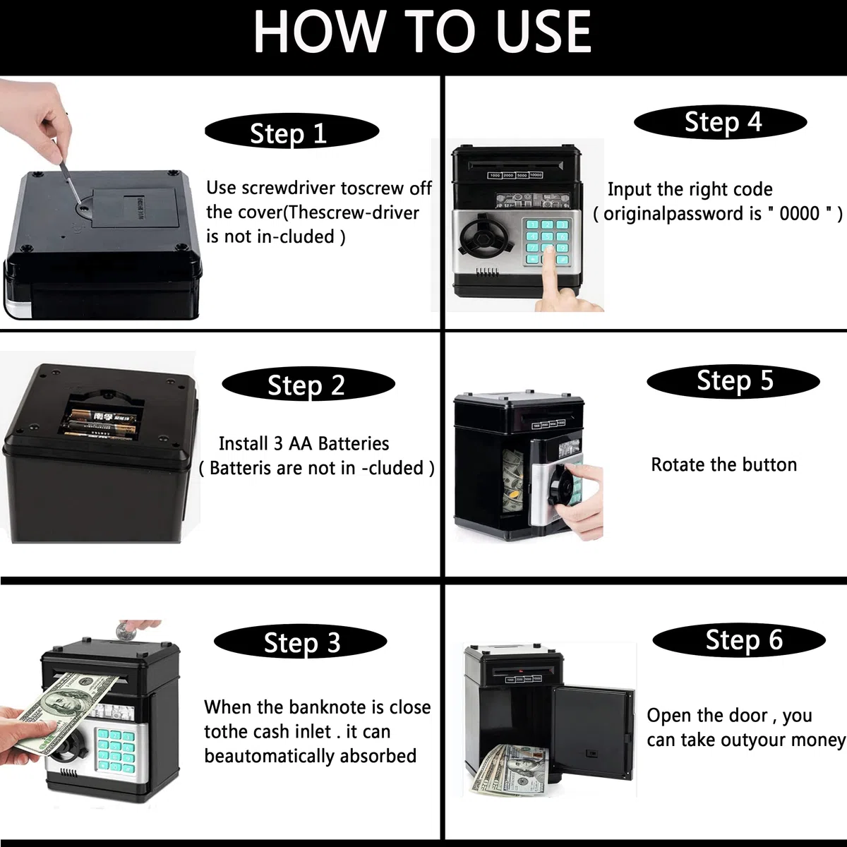 Salvadanaio elettronico per banconote e monete, con inserto automatico, per banconote, cassetta di sicurezza, password, bancomat, regalo di compleanno per bambini,cartone animato (nero)