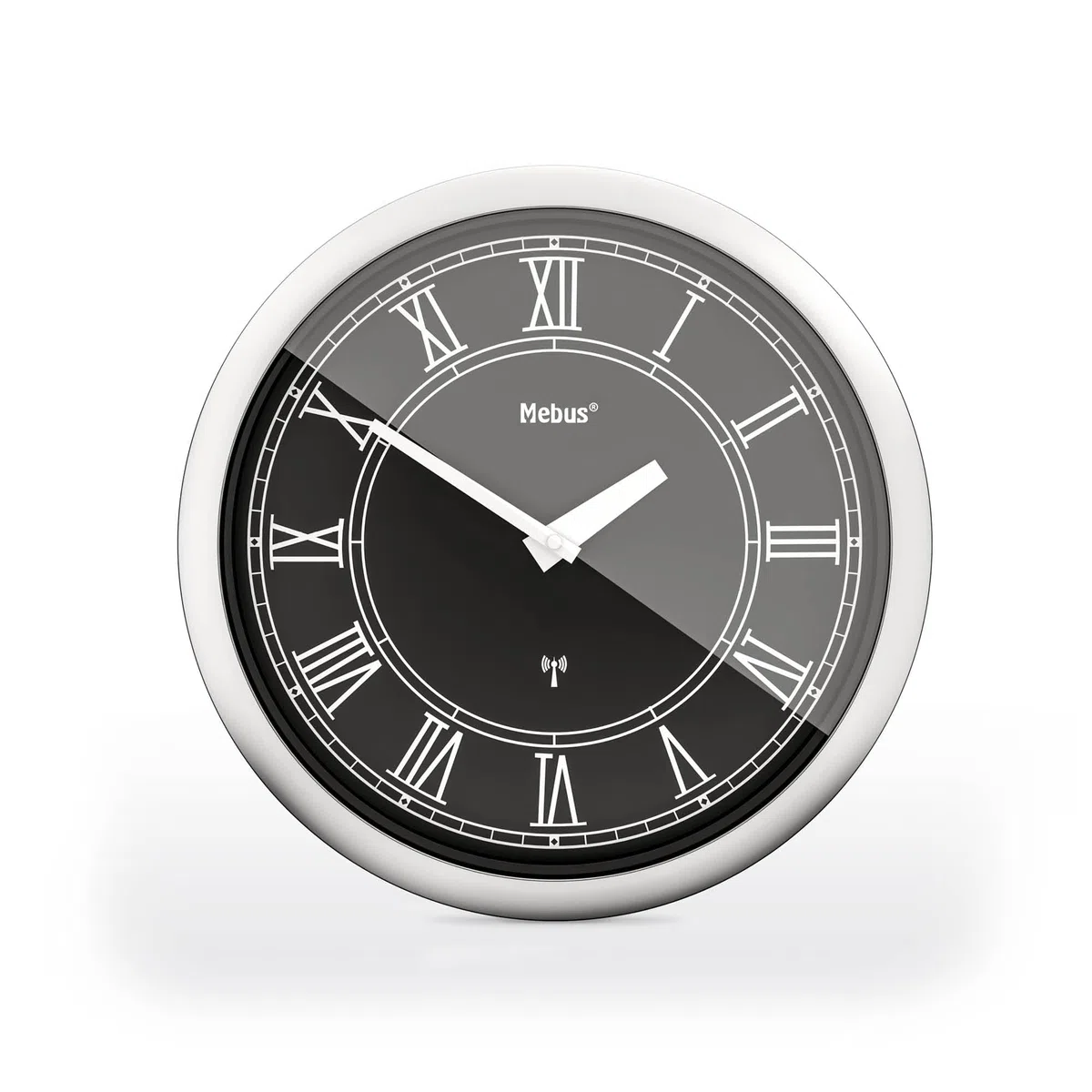 Mebus Orologio da parete senza fili, 26 cm, silenzioso, numeri romani, cornice argentata, quadrante nero, modello 19814, elegante e silenzioso