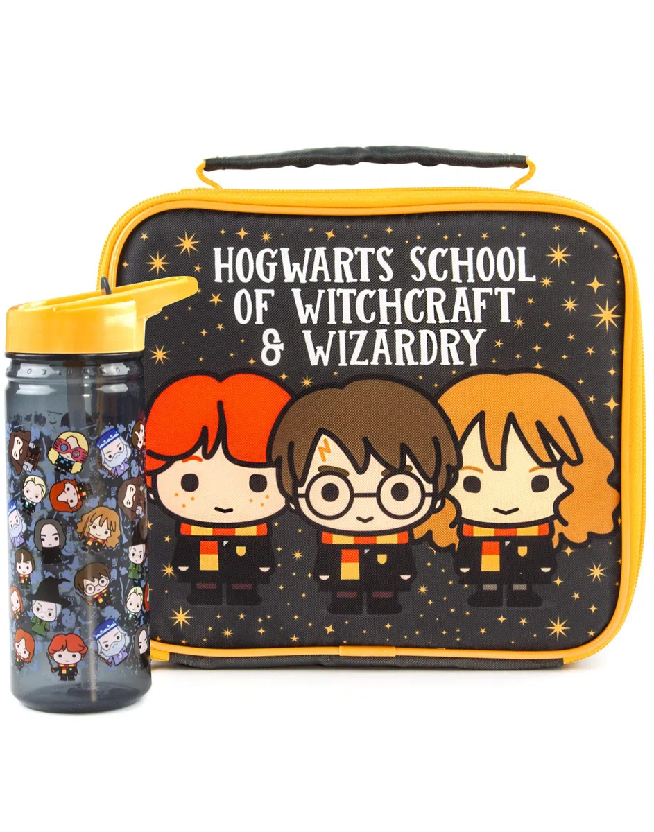 Harry Potter Lunch Bag e Bottle Set | Harry, Ron, Hermione Chibi Character Adventure | Porta cibo per bambini con bottiglia d'acqua | Borsa isolante mantiene il cibo fresco